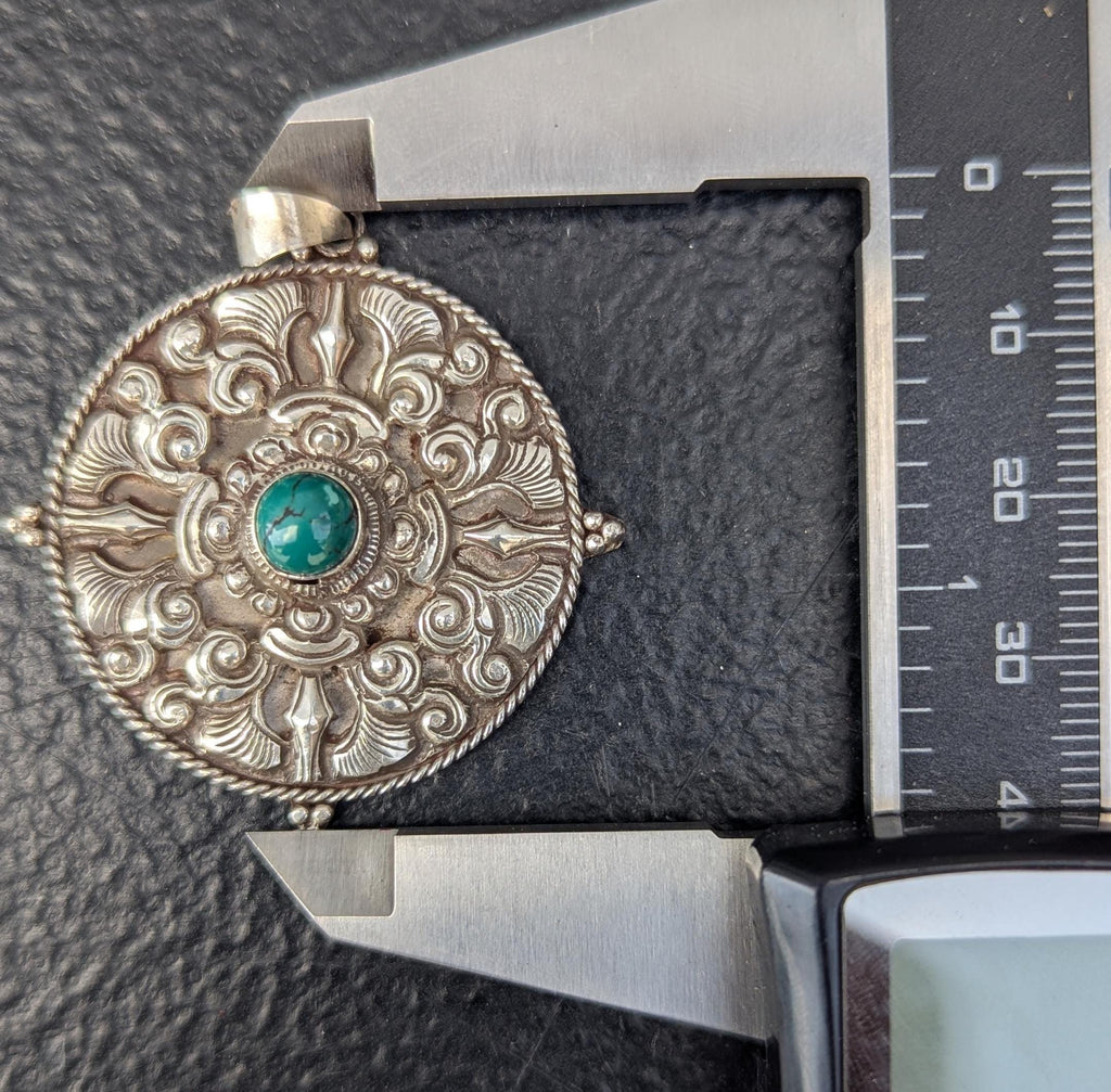 Silver Double Vajra Dorje Pendant(Central Turquoise) (T1102-009)