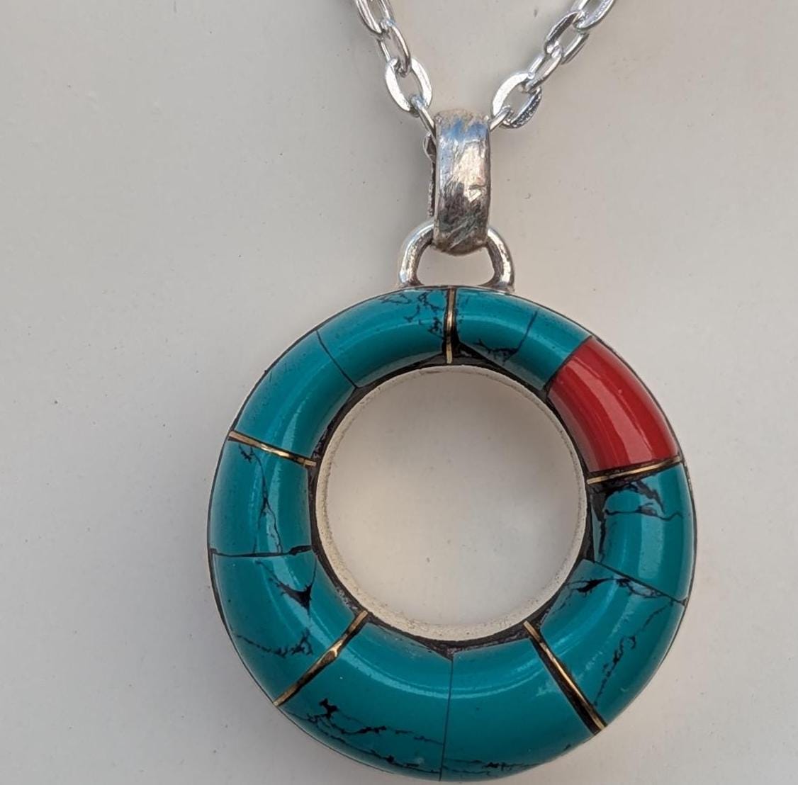 Turquoise Coral Gemstone Silver Pendant Necklace