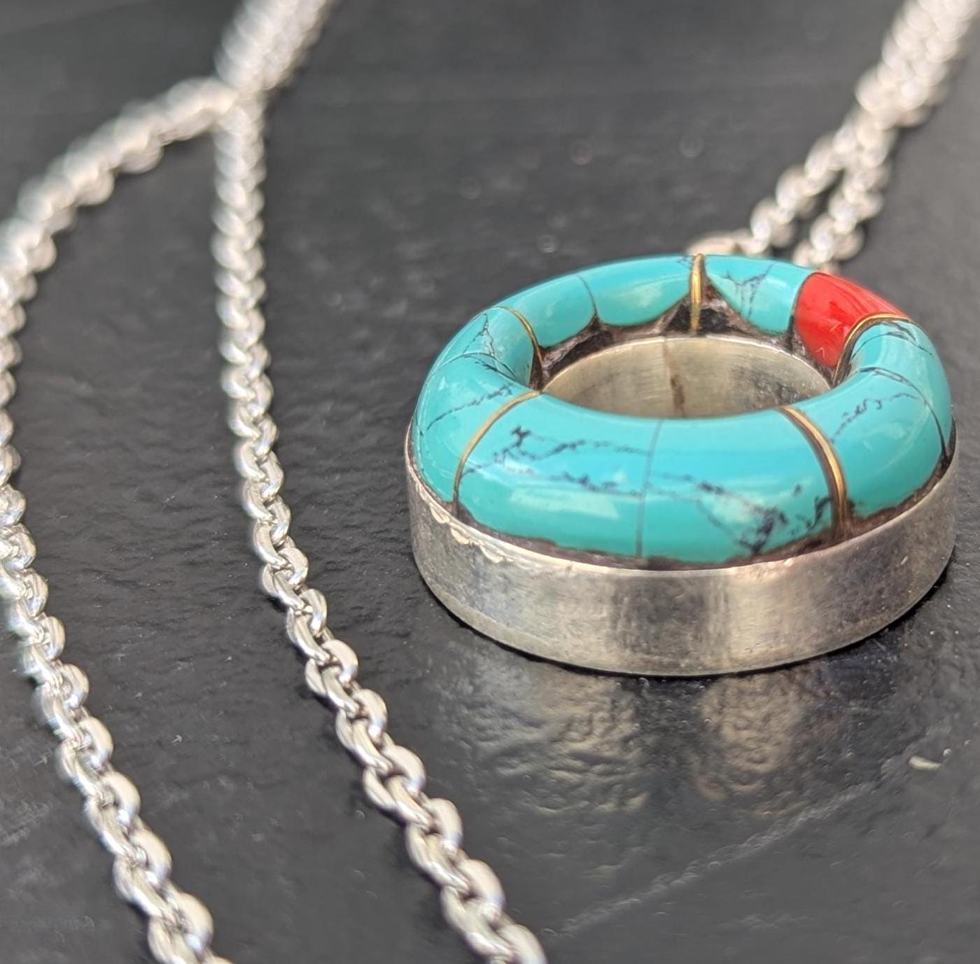 Turquoise Coral Gemstone Silver Pendant Necklace