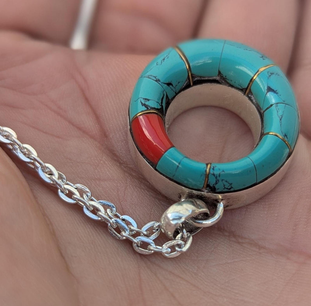 Turquoise Coral Gemstone Silver Pendant Necklace
