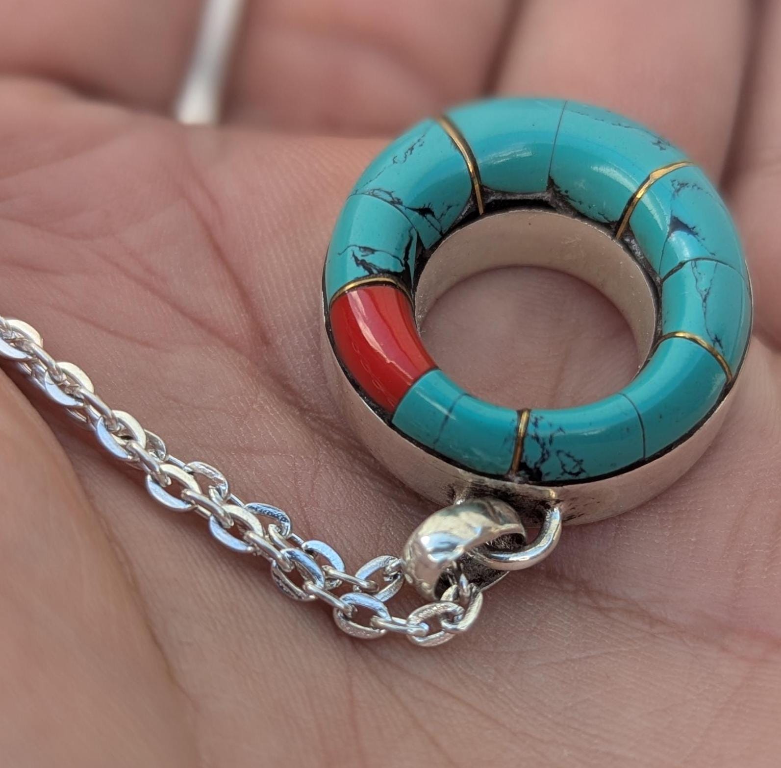 Turquoise Coral Gemstone Silver Pendant Necklace