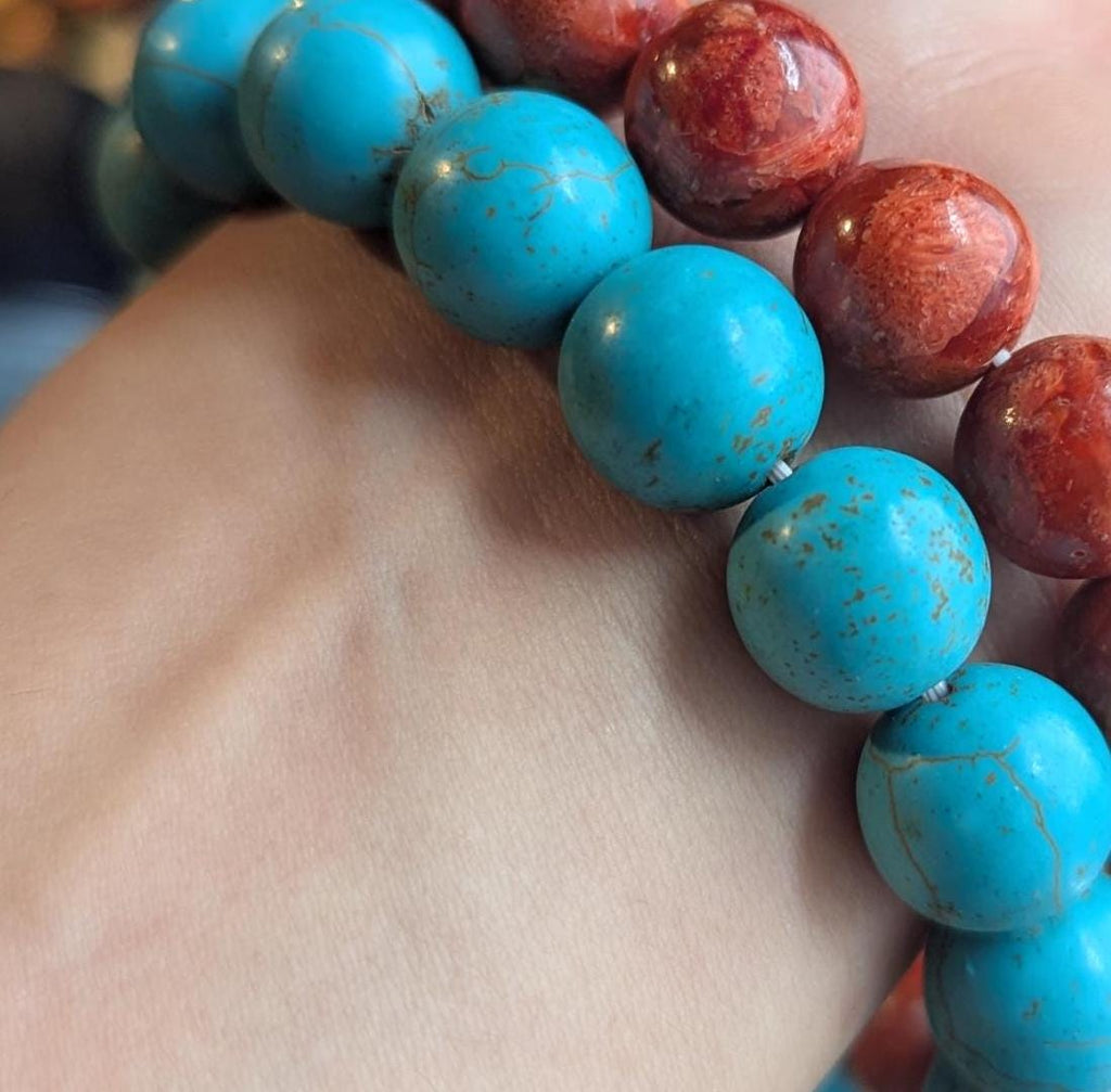 Large size Turquoise and red coral Tibetan bead bracelet, Size 12 mm