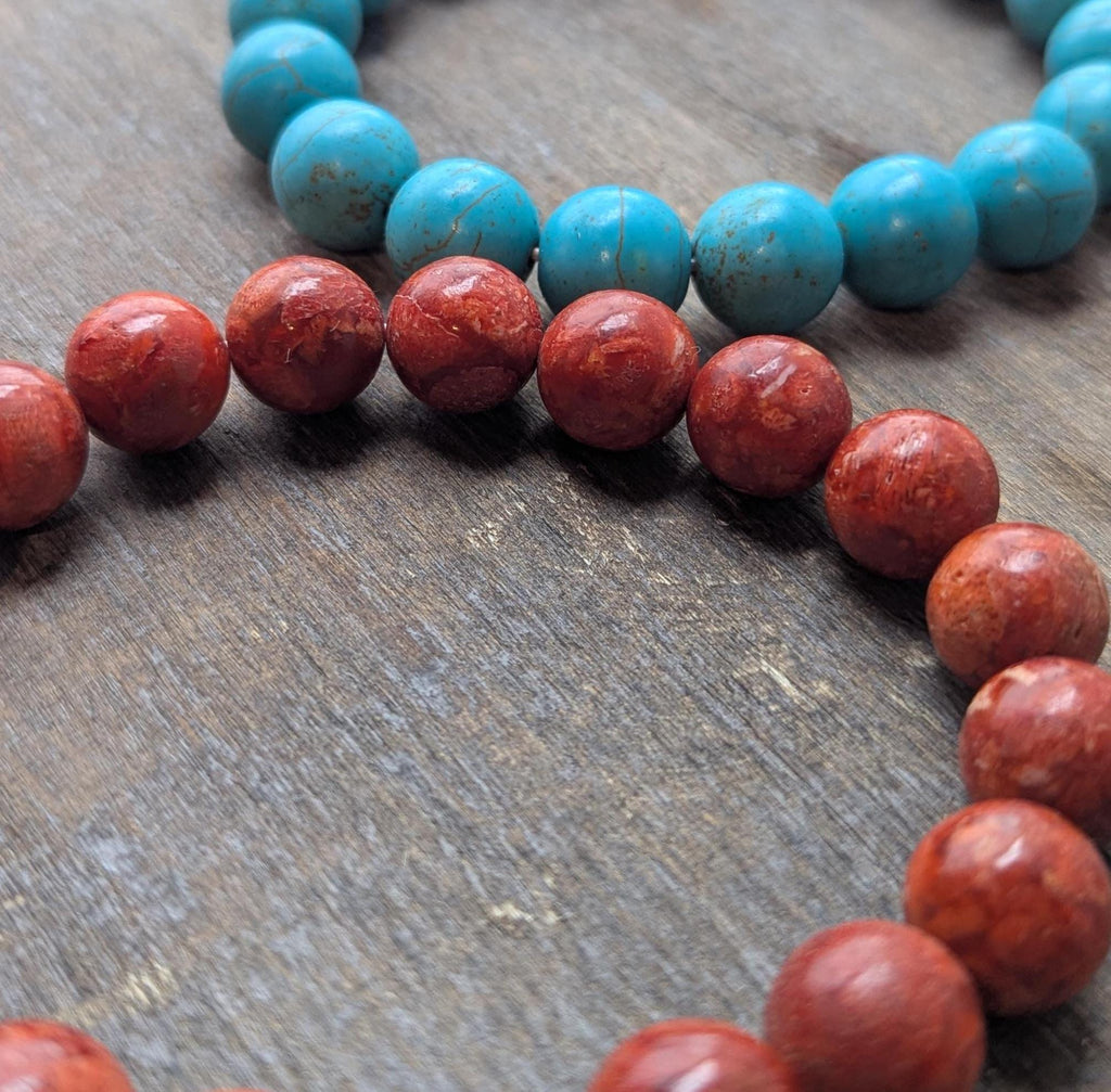 Large size Turquoise and red coral Tibetan bead bracelet, Size 12 mm