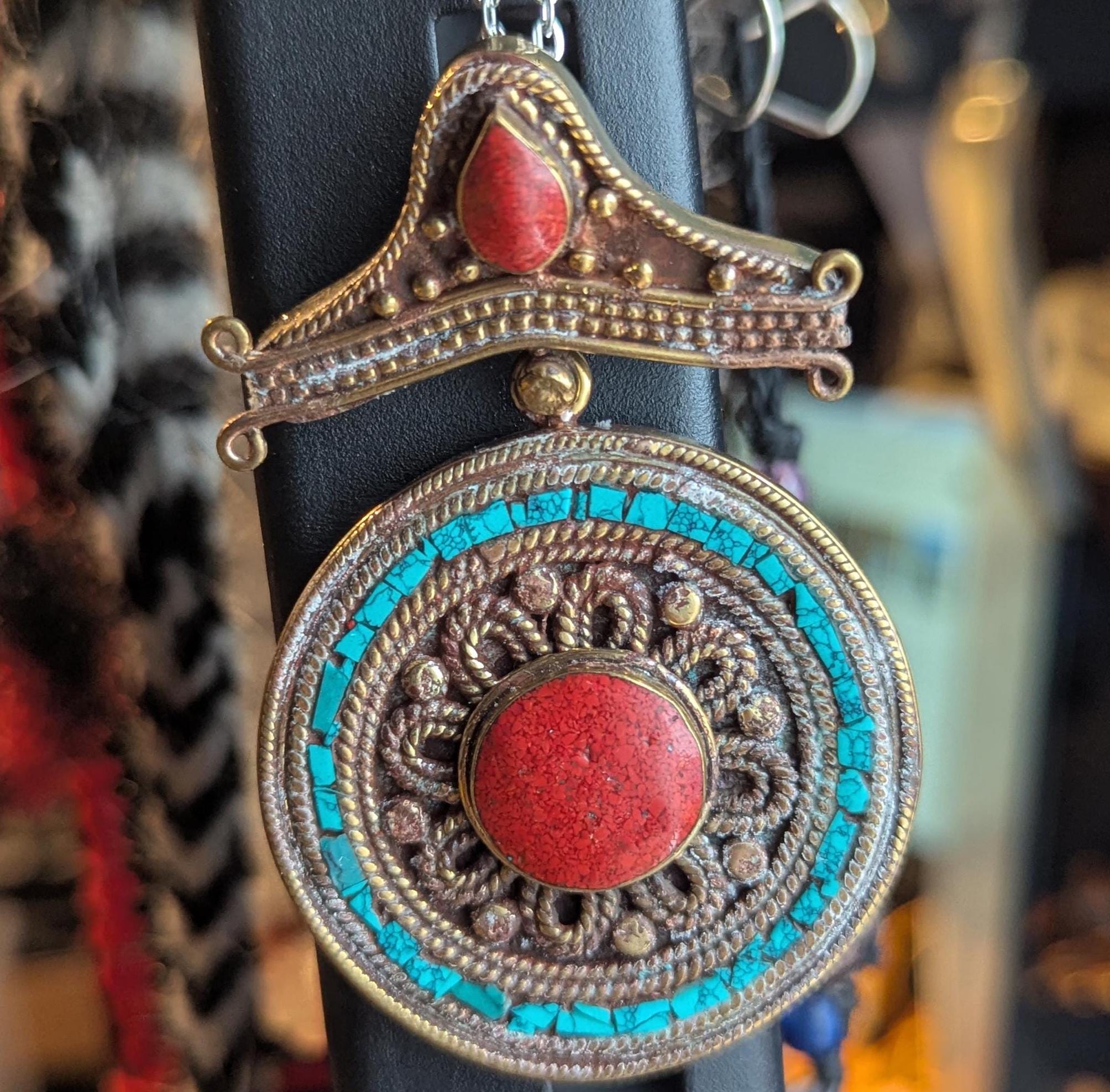 Unique Tibetan Vintage Coral and Turquoise Inlaid Pendant—Ethnic Jewelry Design (p6 / 004)