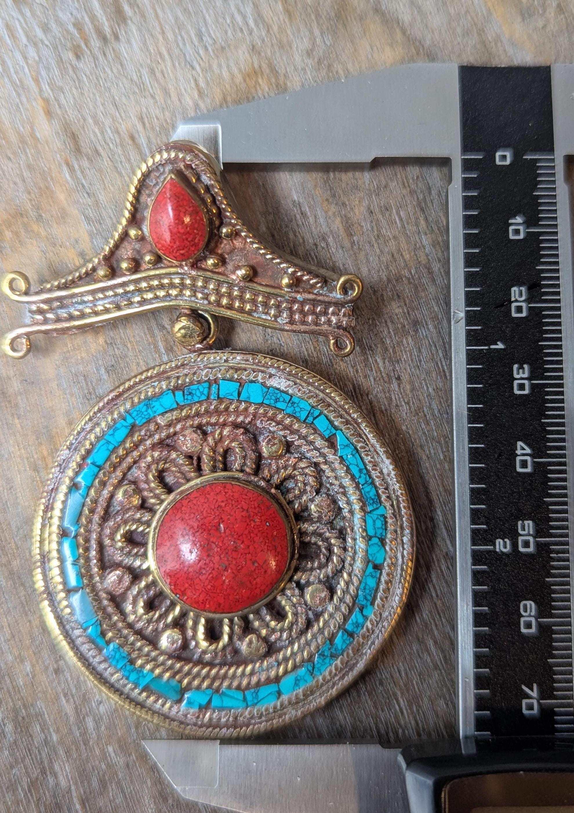 Unique Tibetan Vintage Coral and Turquoise Inlaid Pendant—Ethnic Jewelry Design (p6 / 004)