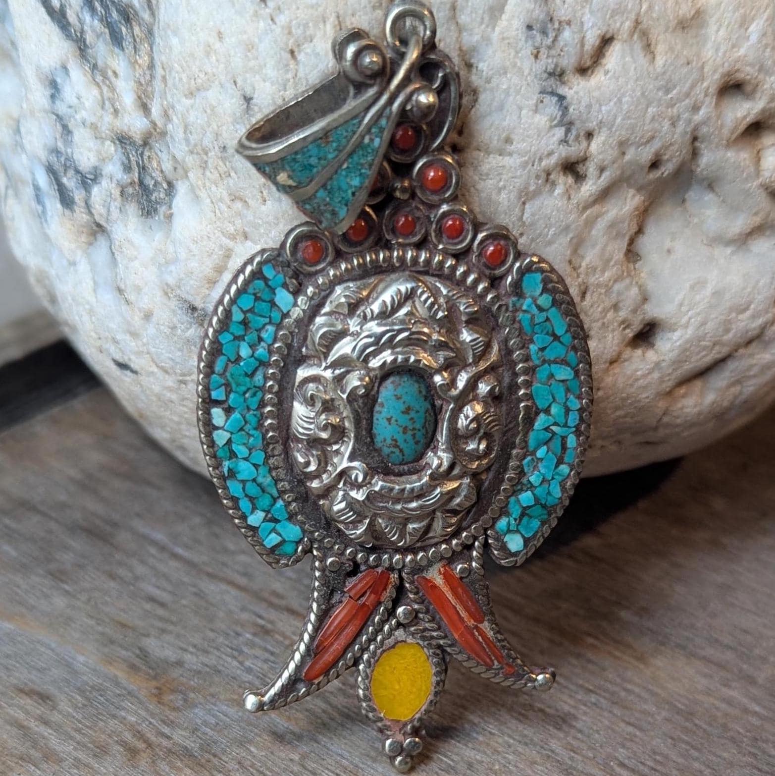 Handmade Tibetan Vintage Coral and Turquoise Inlaid Pendant (p6-005)