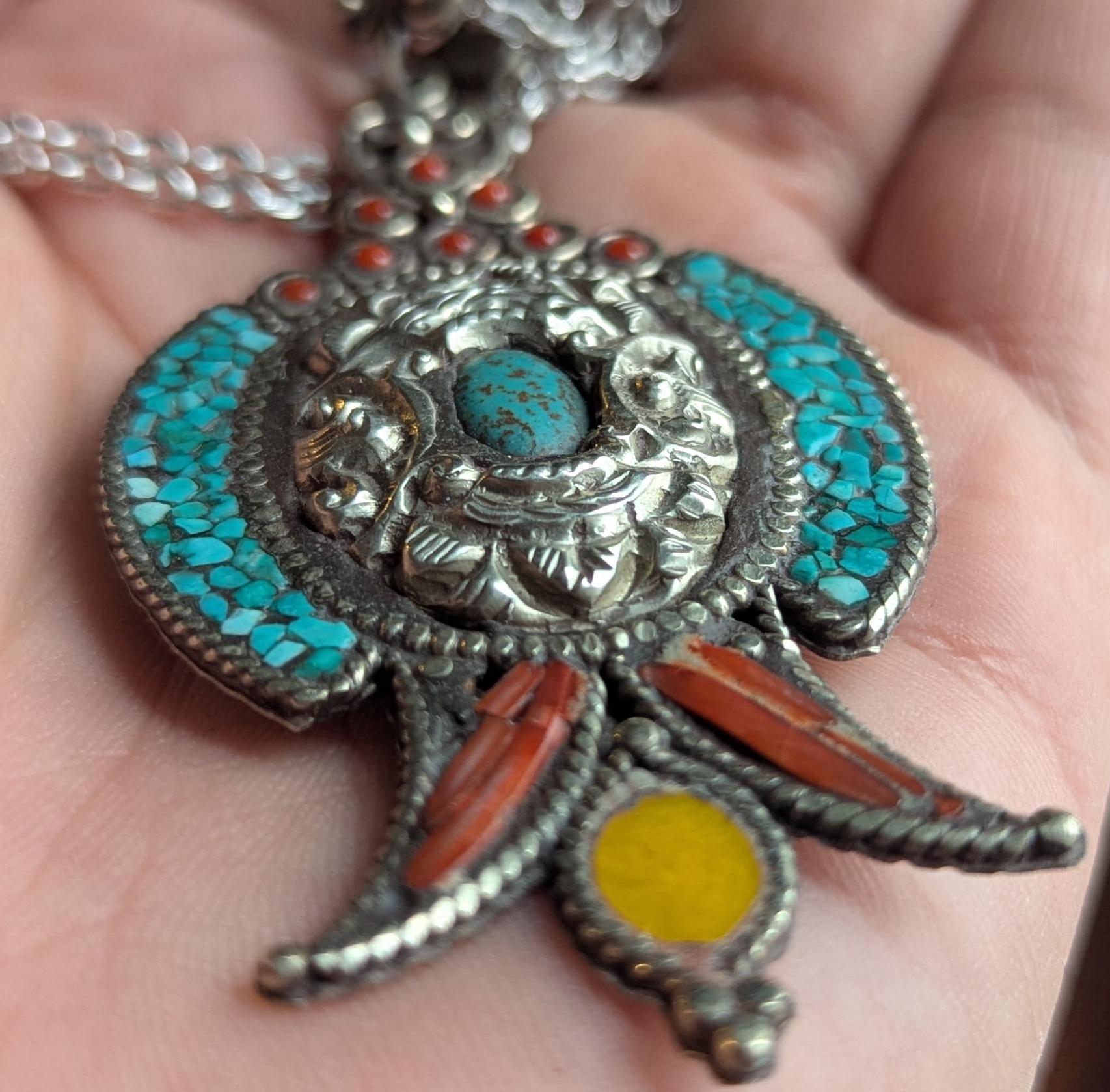 Handmade Tibetan Vintage Coral and Turquoise Inlaid Pendant (p6-005)