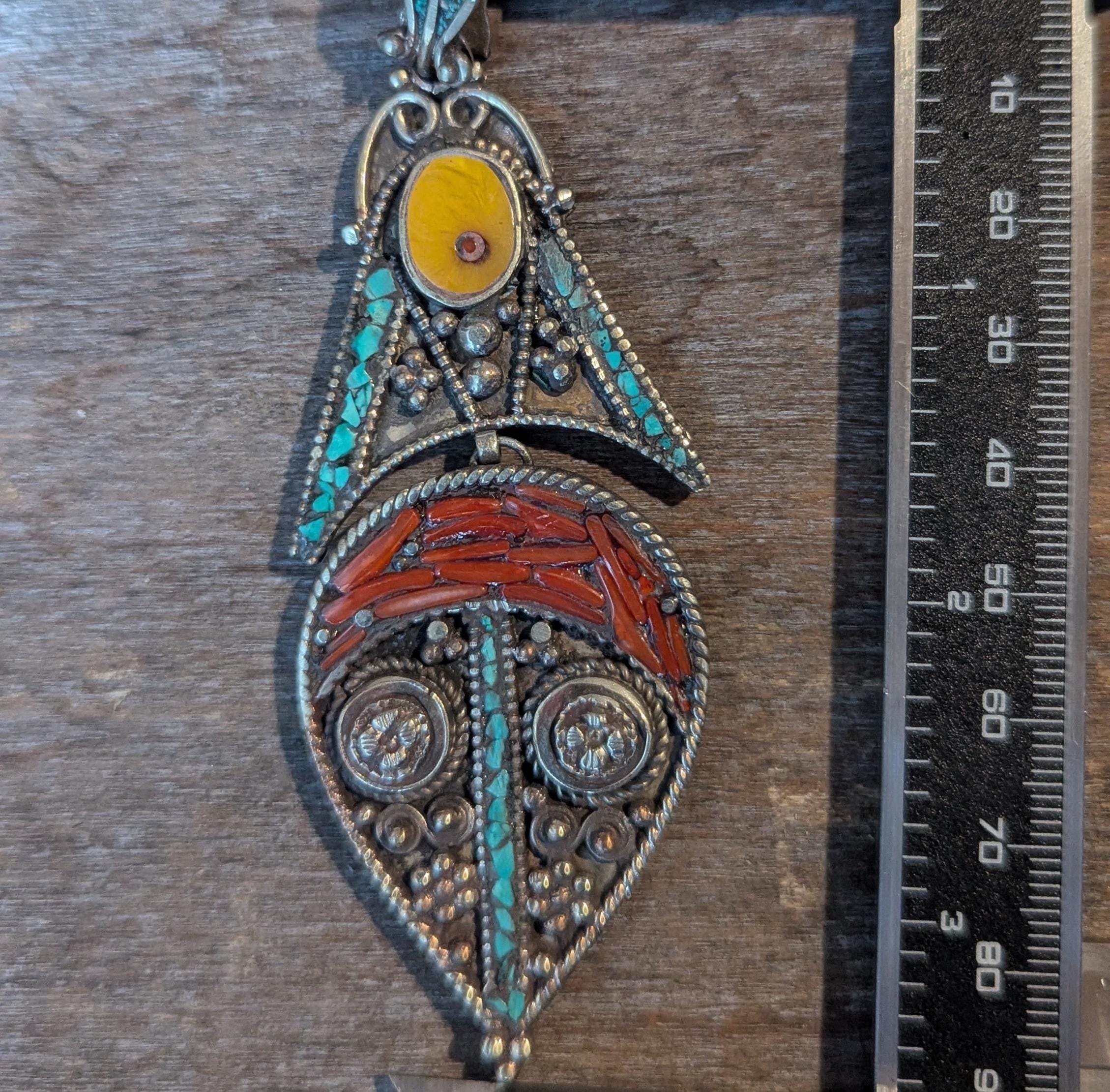 Unique Tibetan Vintage Filigree Pendant with Coral, Copal, and Turquoise Inlays - 90 mm (p6-006)