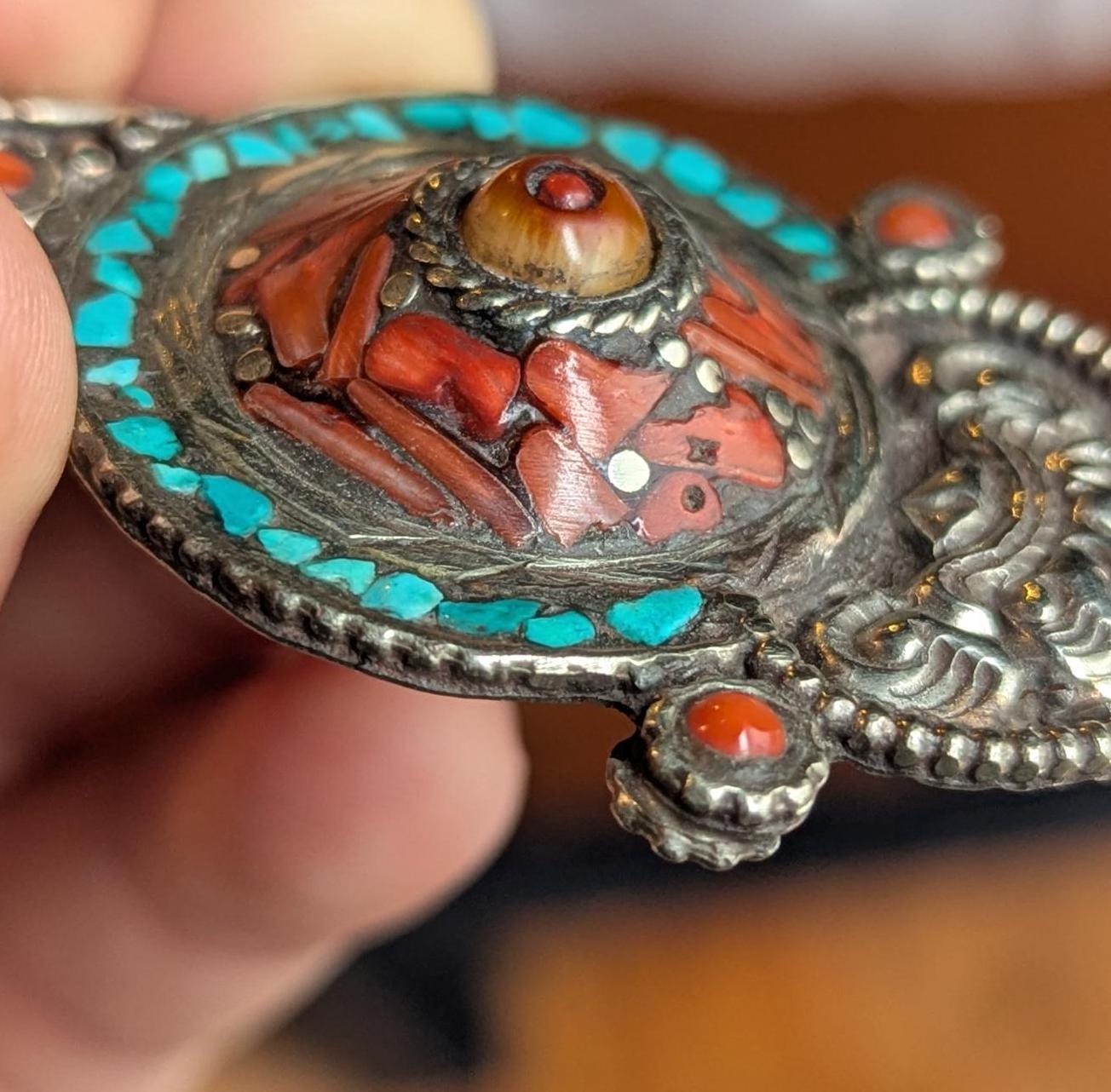 Tibetan ethnic pendant with Turquoise and red coral inlay (p6-007)