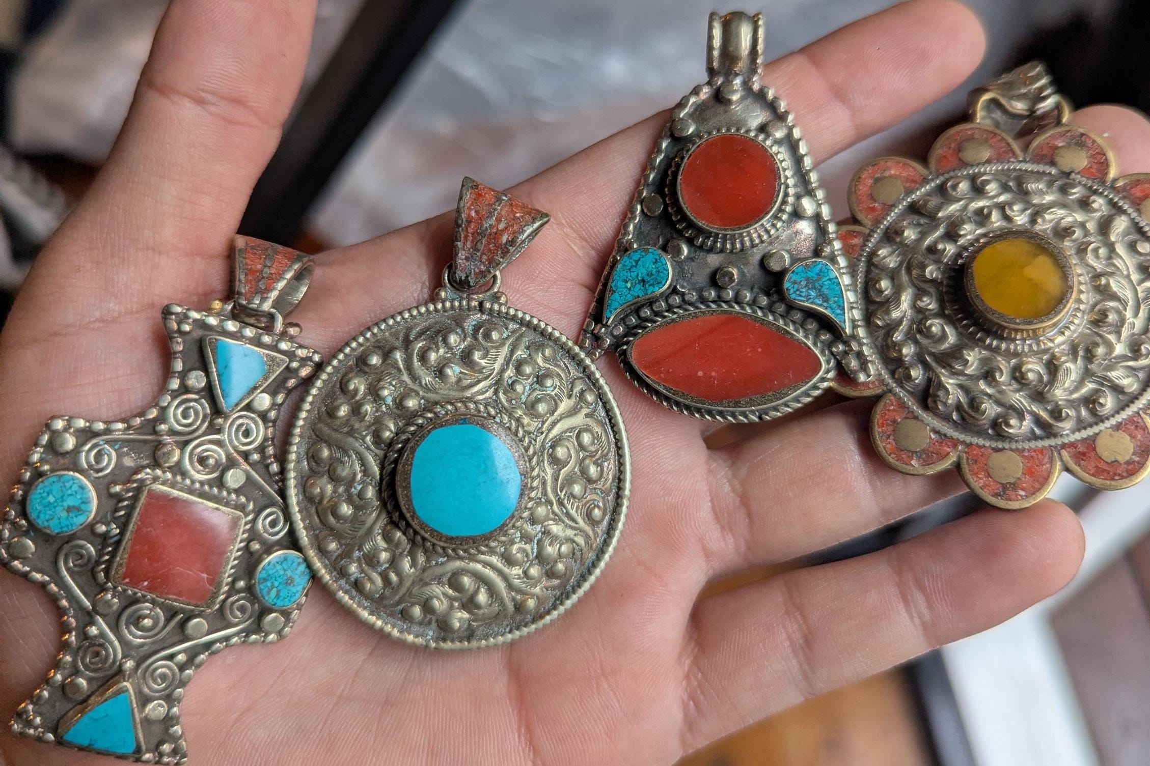 Collection of Vintage Tibetan ethnic pendant with turquoise and coral inlay (p6-008)