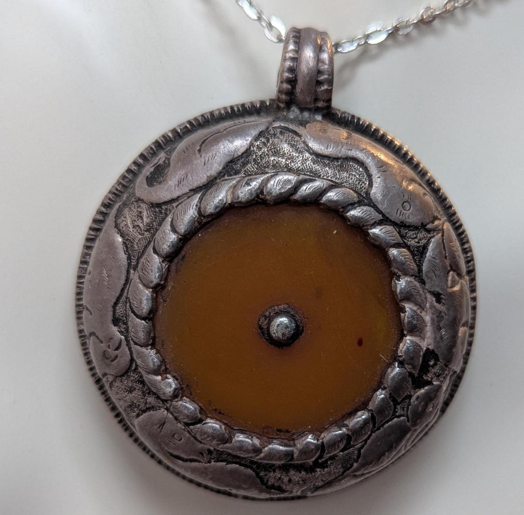 Handmade Tibetan Medallion Pendant with Amber and Black Onyx Inlay (p6-018)