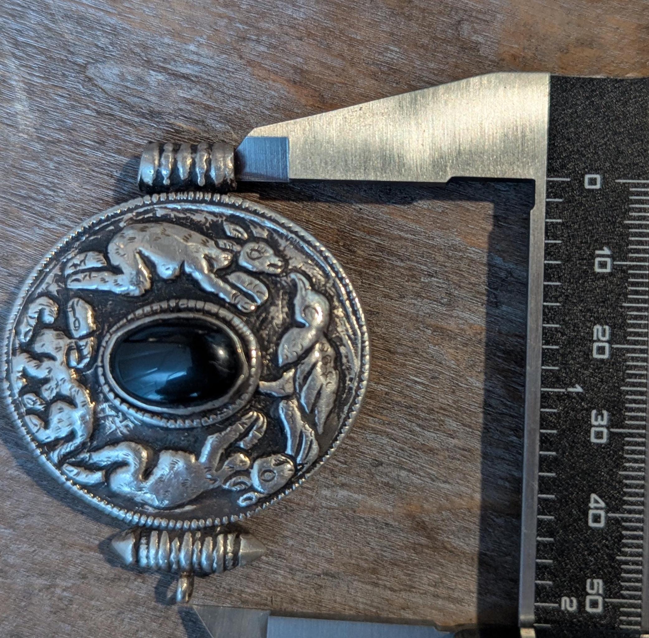 Handmade Tibetan Medallion Pendant with Amber and Black Onyx Inlay (p6-018)