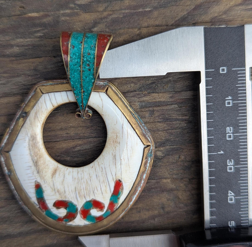 Uniquely Designed Tibetan Brass Medallion Pendant with Turquoise and Coral inlay (p6-022)