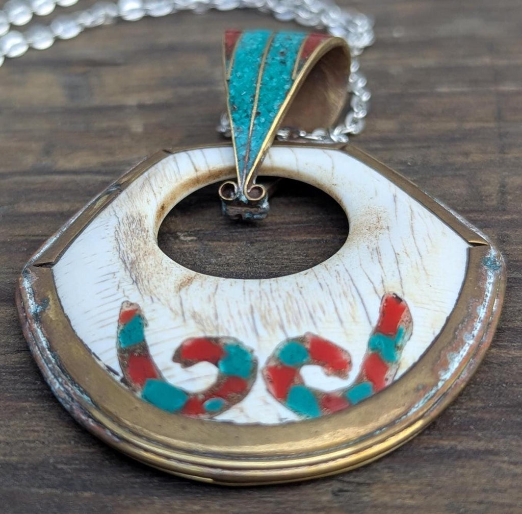 Uniquely Designed Tibetan Brass Medallion Pendant with Turquoise and Coral inlay (p6-022)