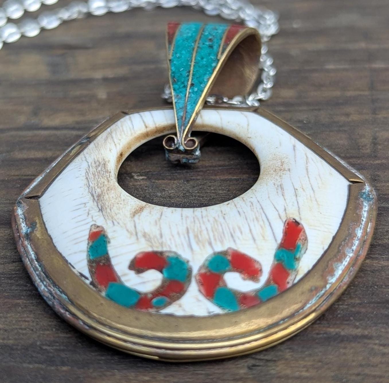 Uniquely Designed Tibetan Brass Medallion Pendant with Turquoise and Coral inlay (p6-022)