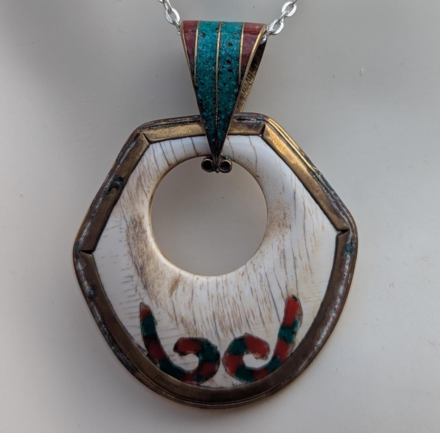 Uniquely Designed Tibetan Brass Medallion Pendant with Turquoise and Coral inlay (p6-022)