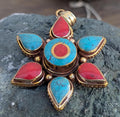 Tibetan Turquoise and Red coral Inlaid Ethnic pendant (p6-024)