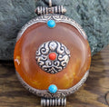 Tibetan Amber Medallion Pendant: Turquoise & Coral Inlay (P5)