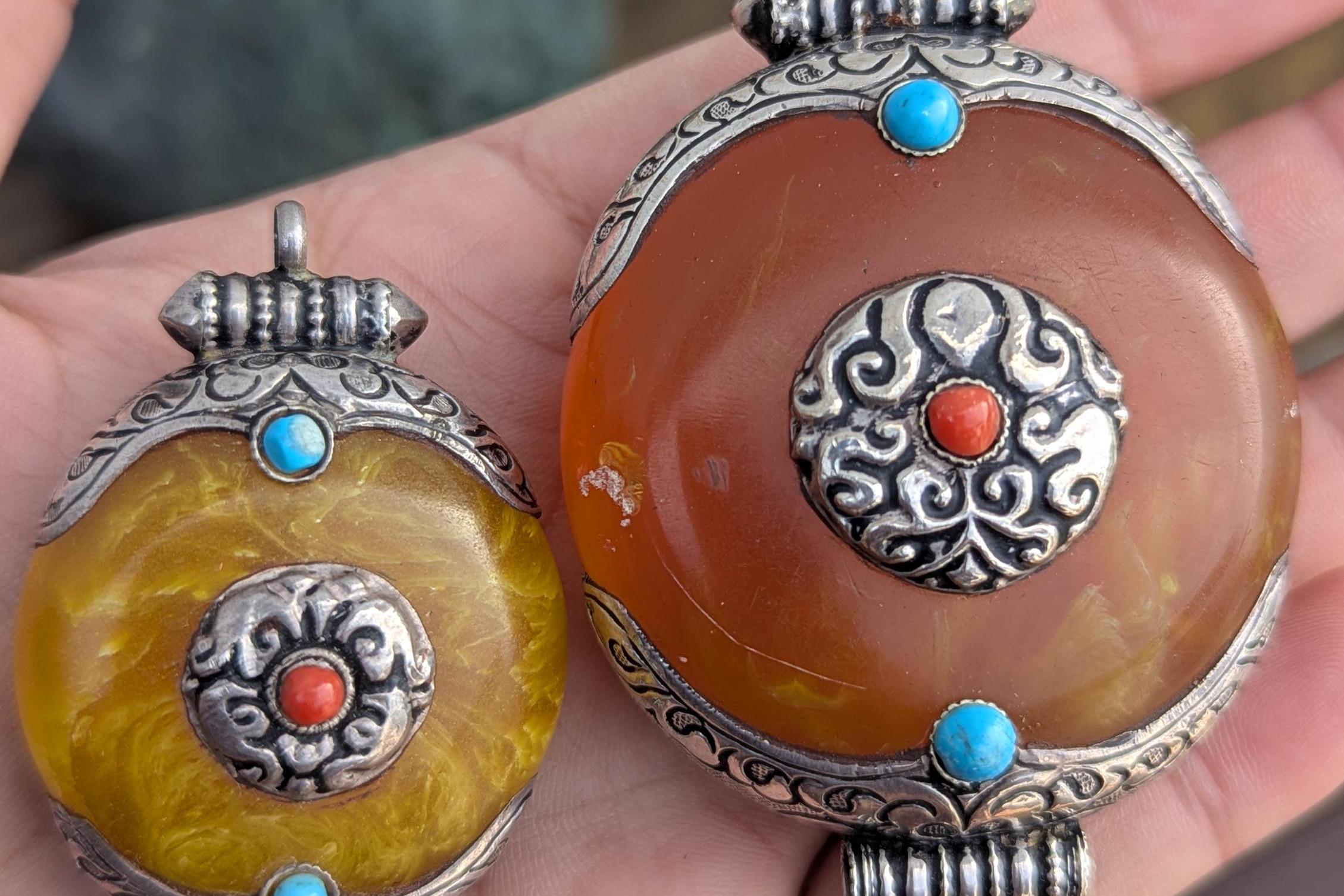 Tibetan Amber Medallion Pendant: Turquoise & Coral Inlay (P5)