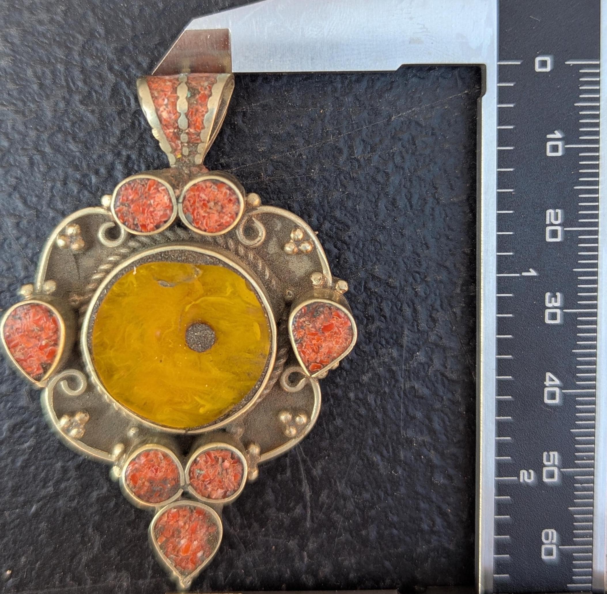 Handmade Vintage Tibetan Amber Amulet pendant with Turquoise and coral inlay (p6-030)