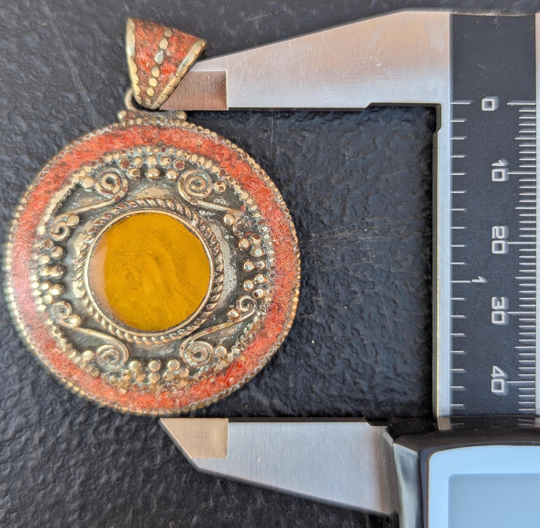 Handmade Vintage Tibetan Amber Amulet pendant with Turquoise and coral inlay (p6-030)
