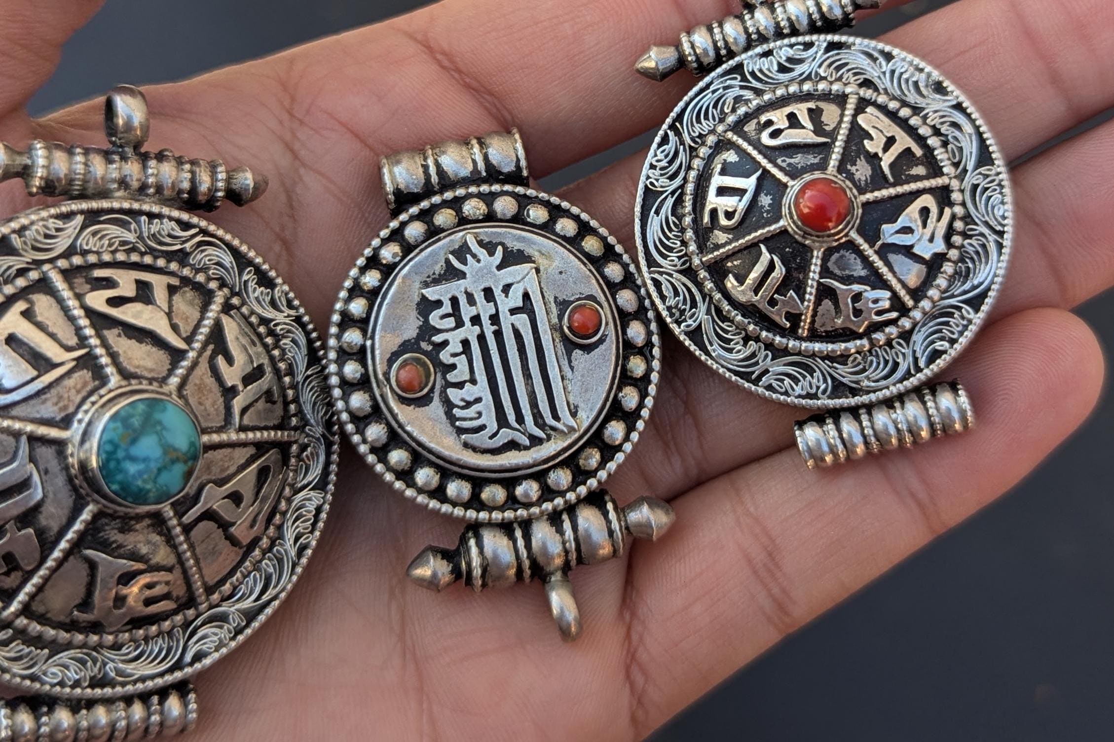 Tibetan Ethnic Sanskrit Mantra Pendant Collection in silver with turquoise and coral medallions (p6-033)
