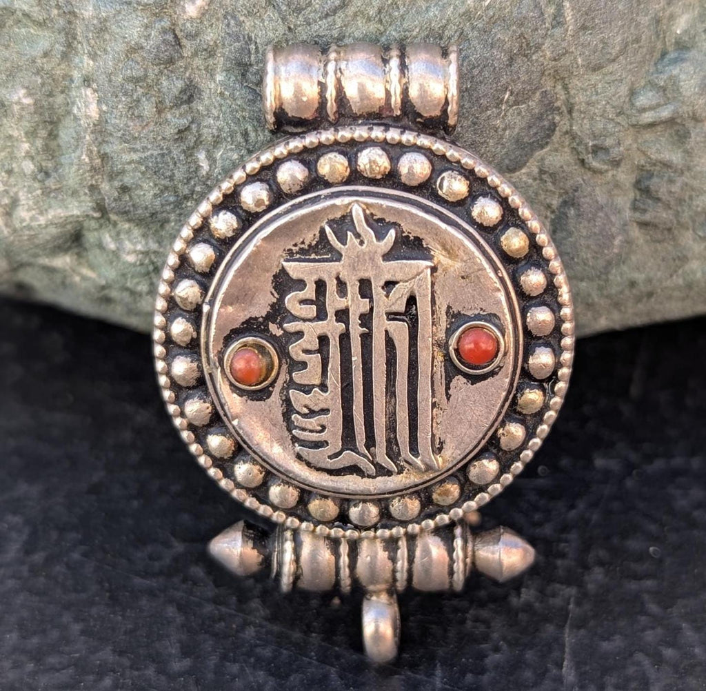 Tibetan Ethnic Sanskrit Mantra Pendant Collection in silver with turquoise and coral medallions (p6-033)