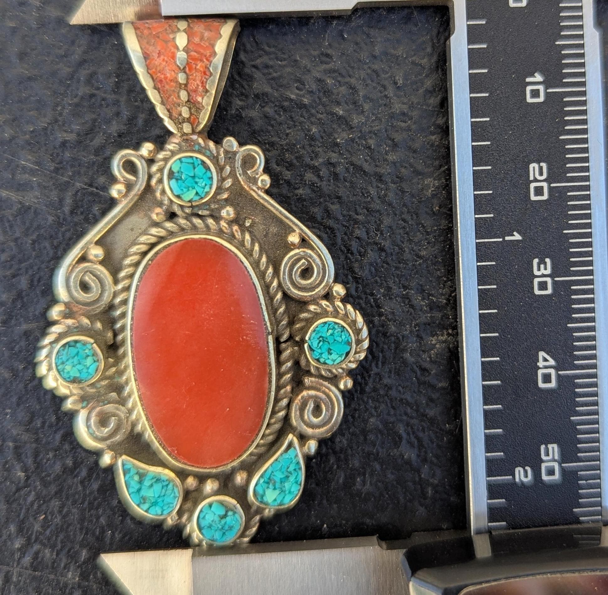 Handmade Tibetan Vintage brass amulet pendant with turquoise and coral stones (p6-034)