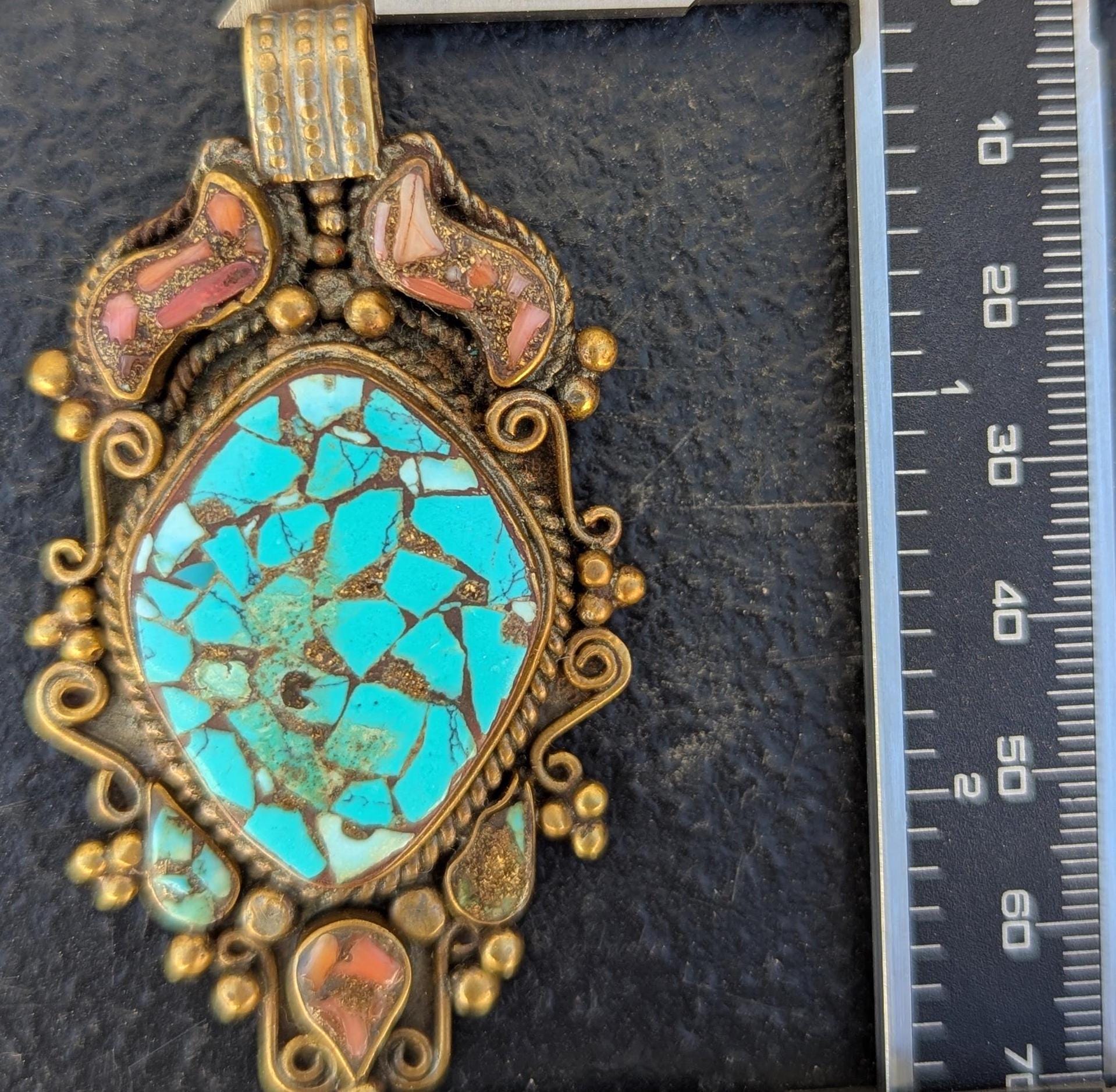 Handmade Tibetan Vintage brass amulet pendant with turquoise and coral stones (p6-034)