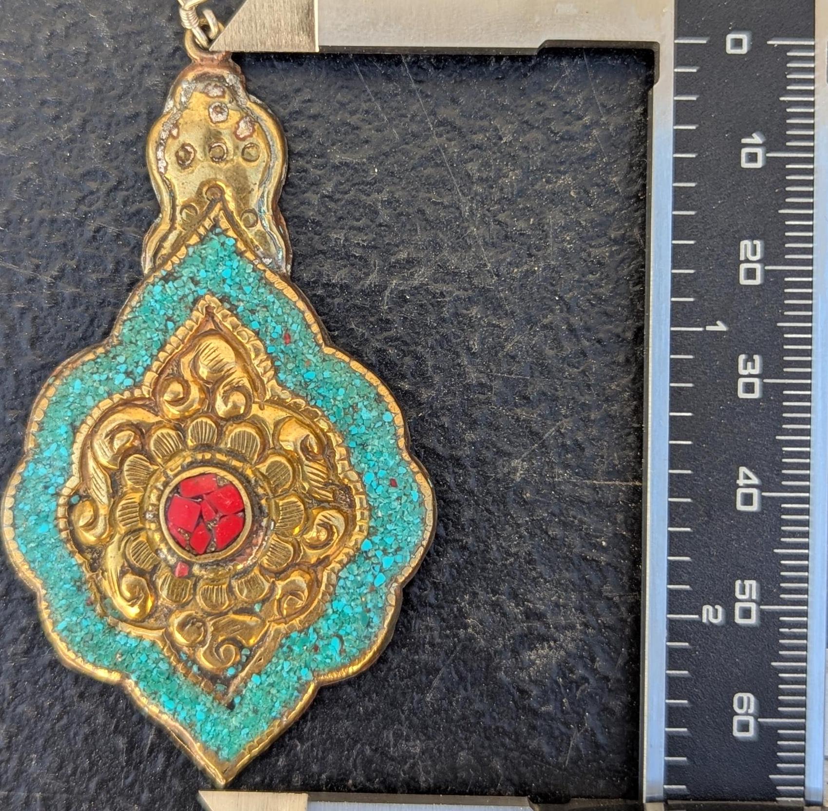Handmade Tibetan Vintage brass amulet pendant with turquoise and coral stones (p6-034)