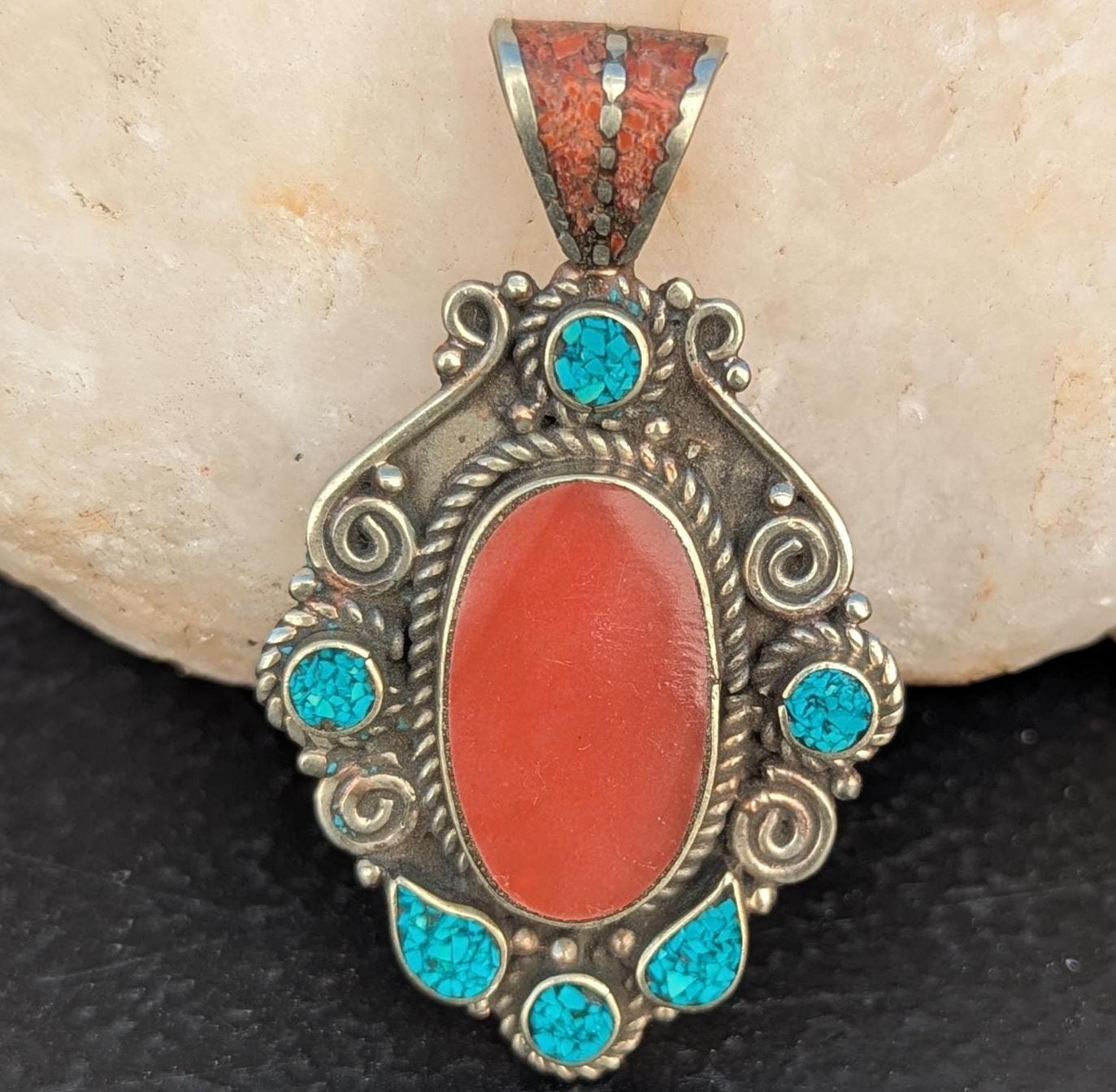 Handmade Tibetan Vintage brass amulet pendant with turquoise and coral stones (p6-034)