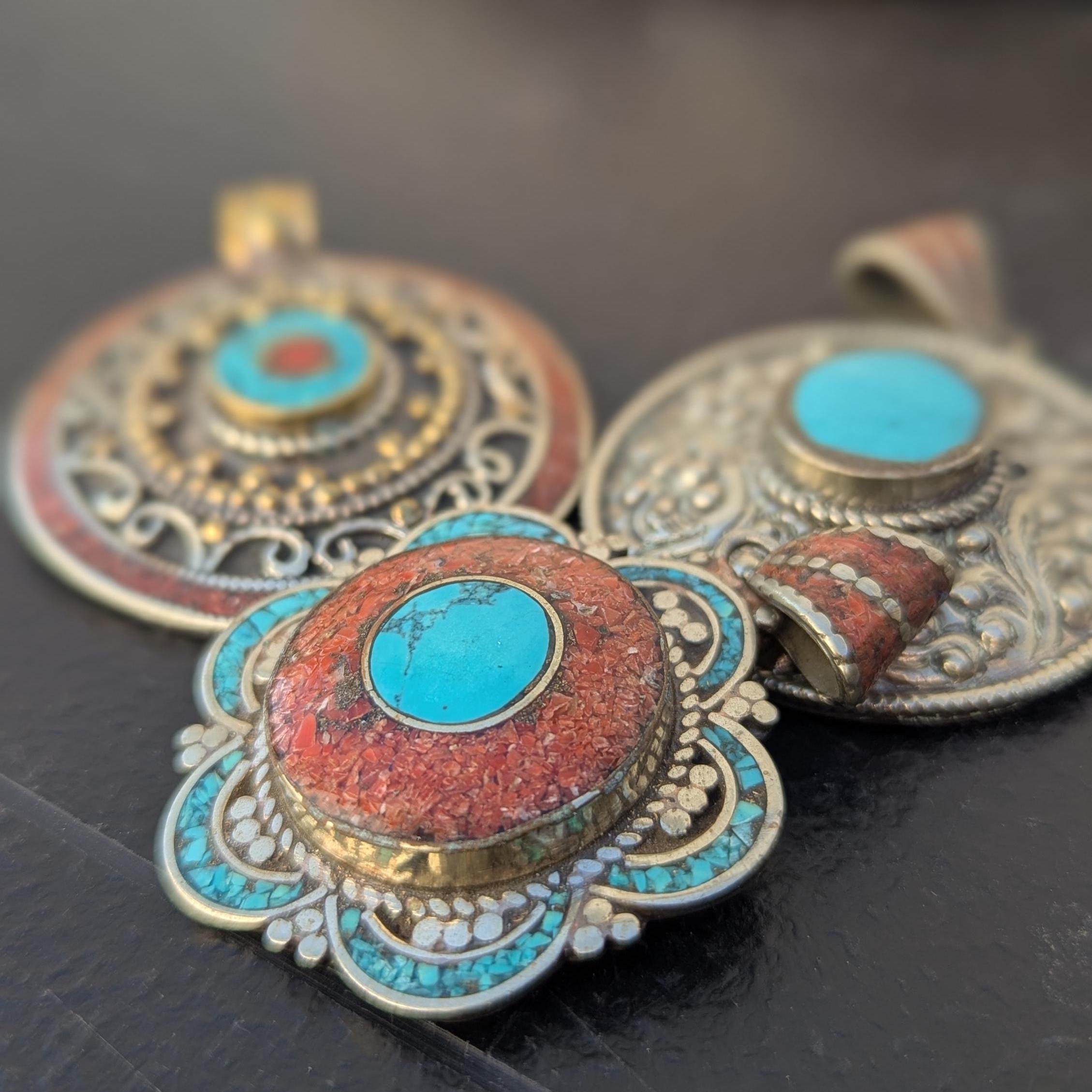 Handmade Tibetan Vintage brass amulet pendant with turquoise and coral stones (p6-035)