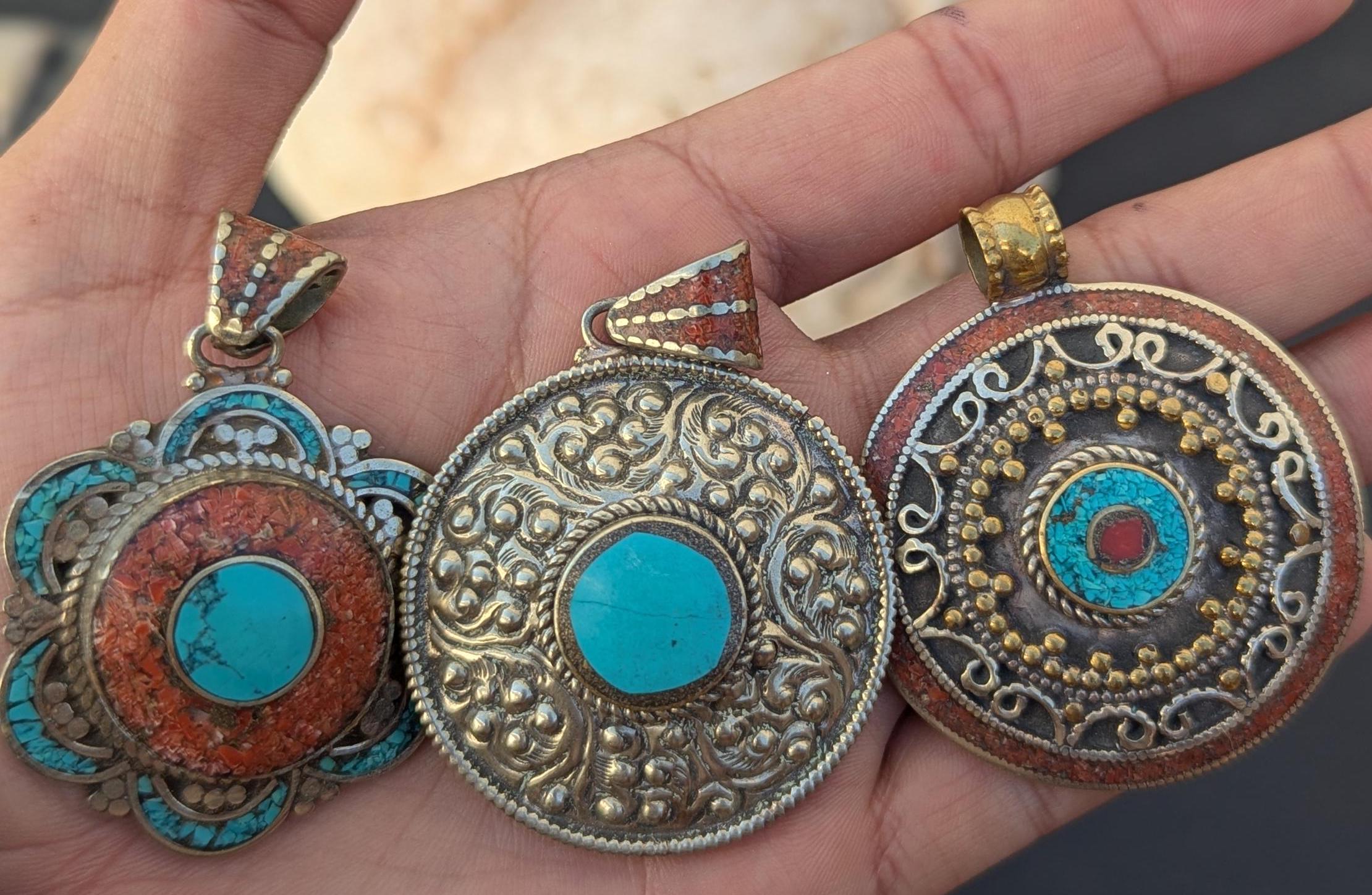 Handmade Tibetan Vintage brass amulet pendant with turquoise and coral stones (p6-035)