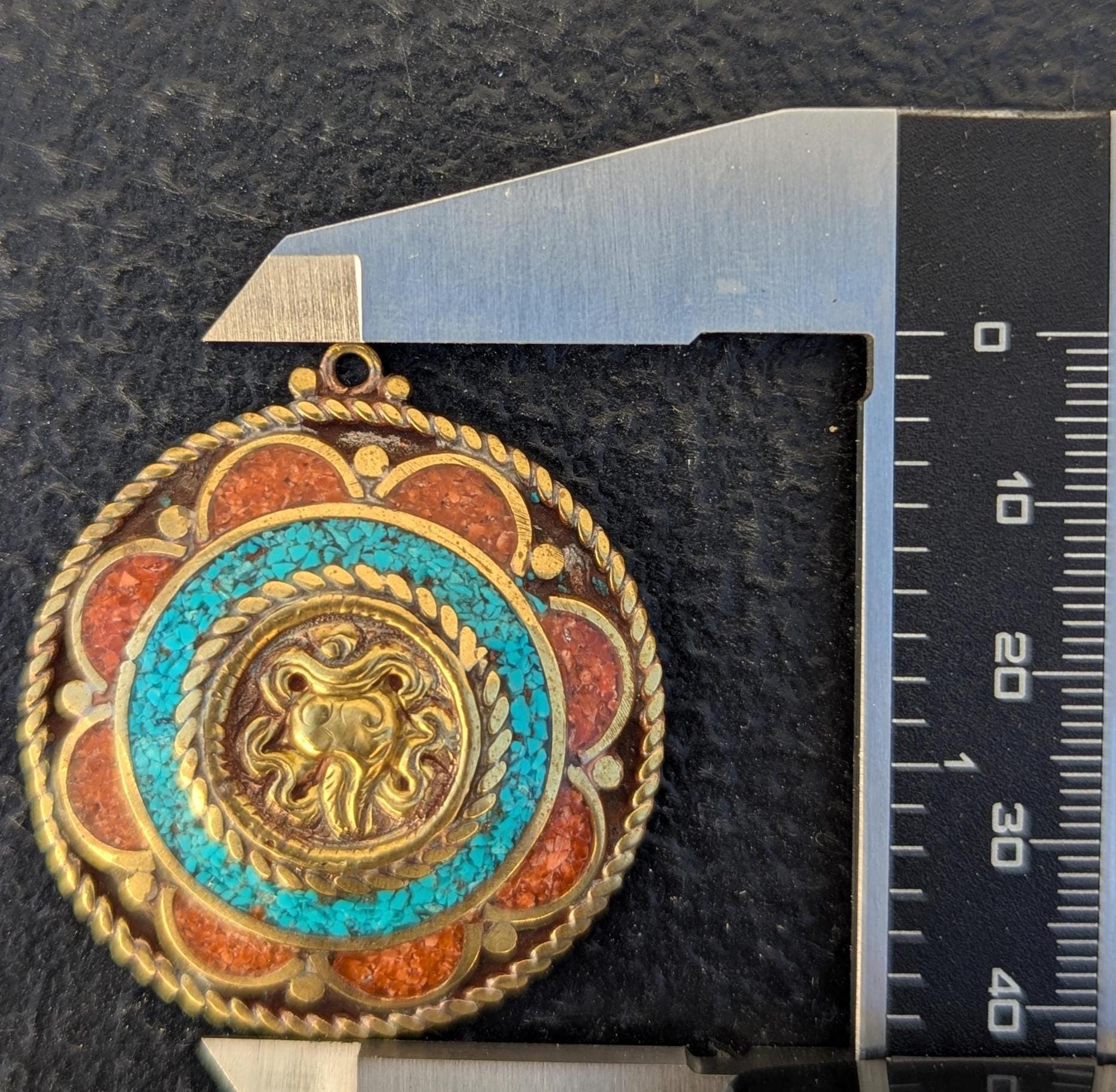 Vintage brass amulet pendant with turquoise and coral stones (p6-036)