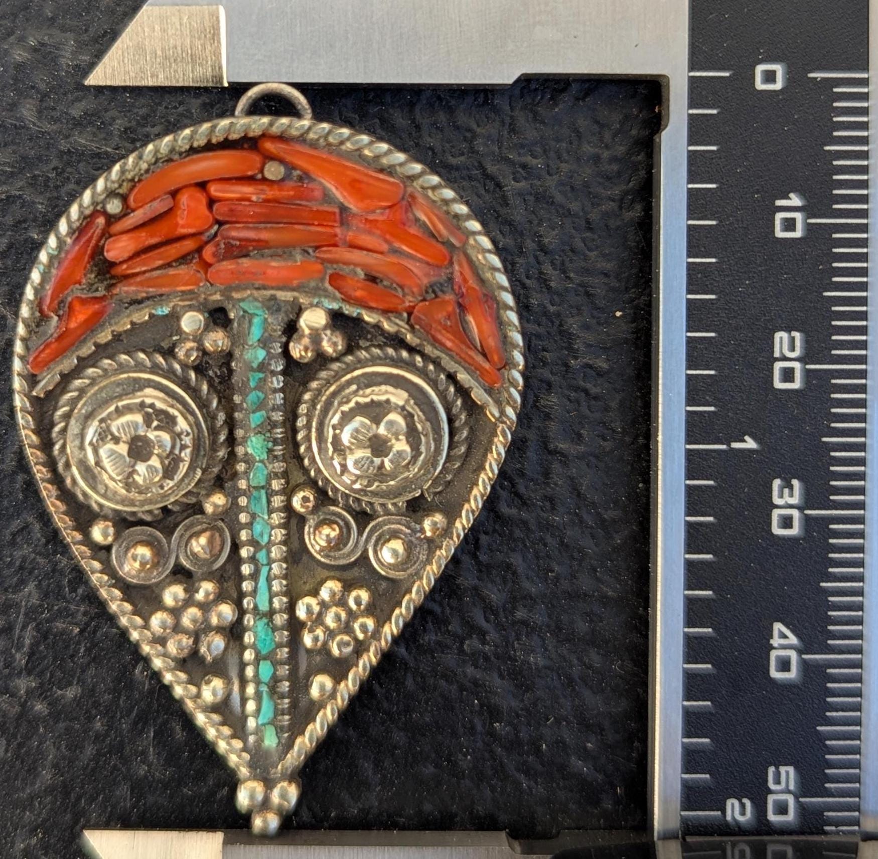 Vintage brass amulet pendant with turquoise and coral stones (p6-036)