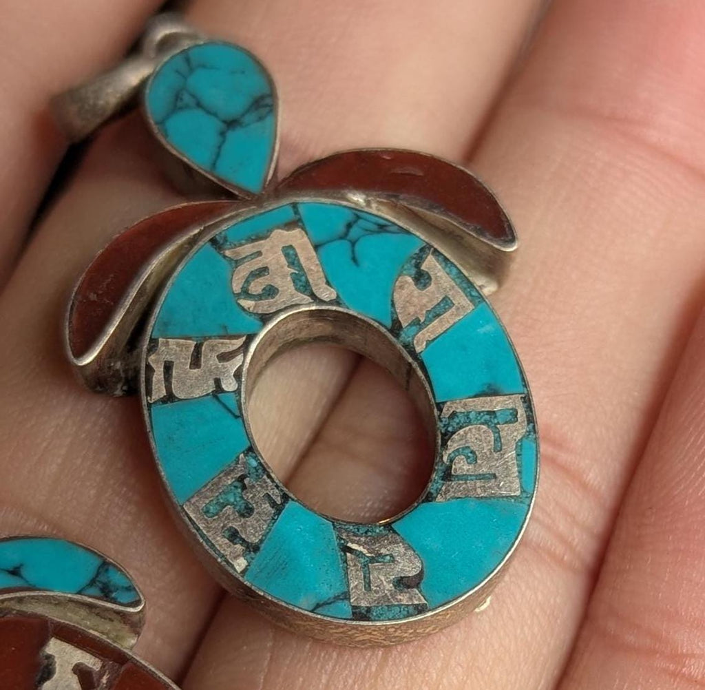 Tibetan handmade turquoise and coral silver om mani padme hum pendant collection (p7-001)