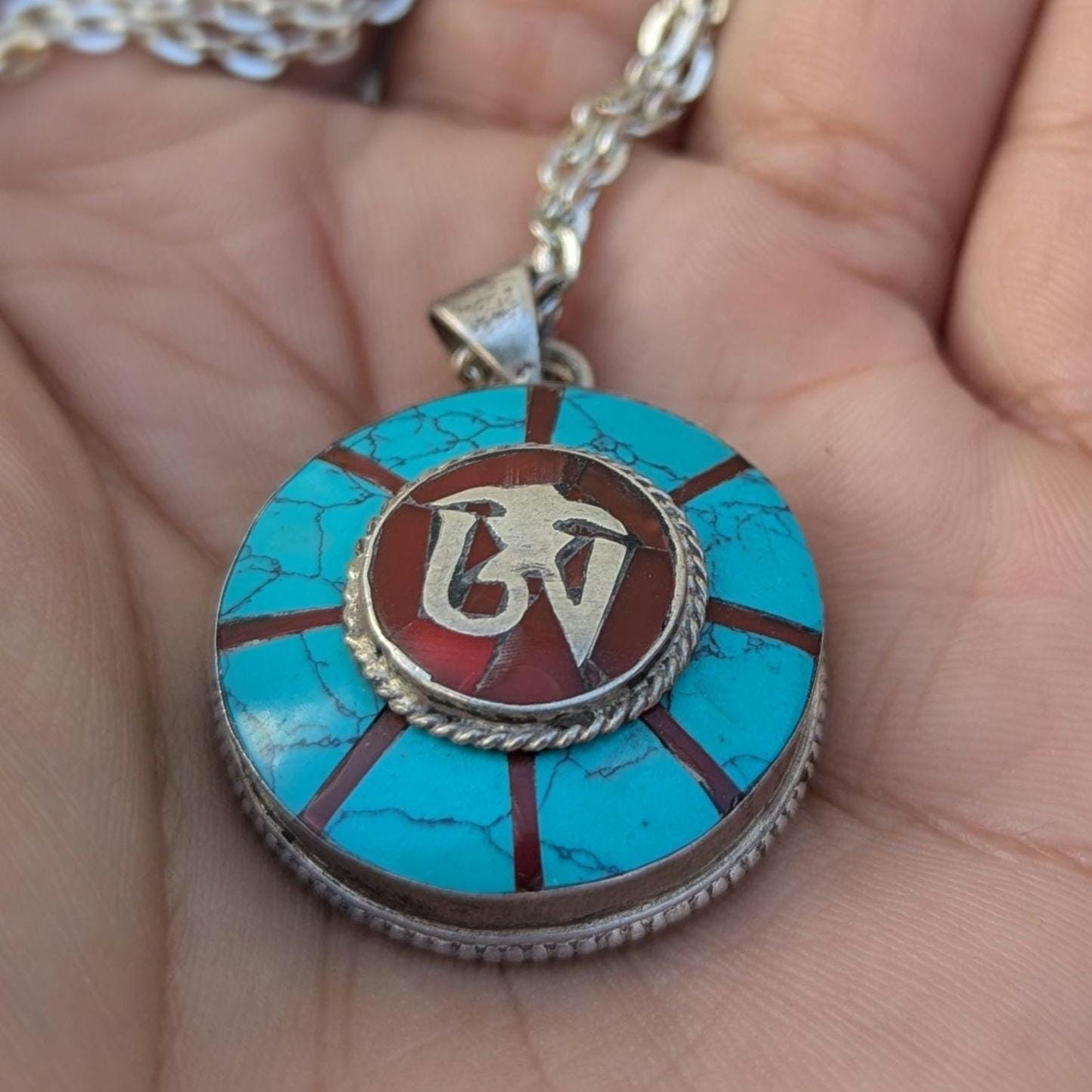 Vintage Turquoise & Coral Silver Pendant: Om Mani Padme Hum Medallion