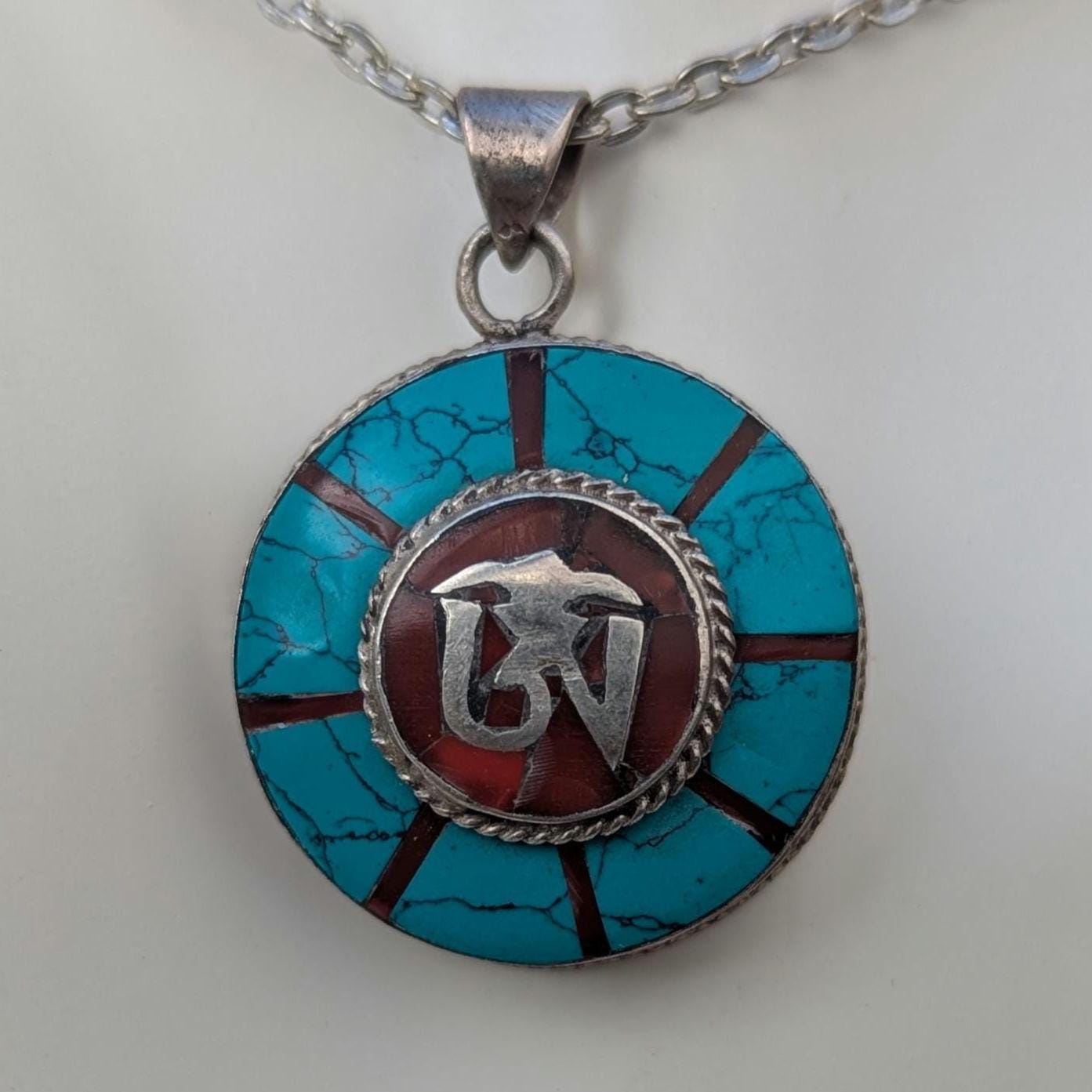Vintage Turquoise & Coral Silver Pendant: Om Mani Padme Hum Medallion