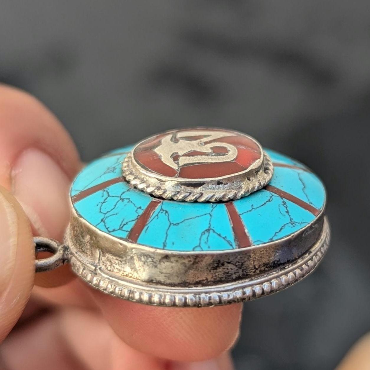 Vintage Turquoise & Coral Silver Pendant: Om Mani Padme Hum Medallion
