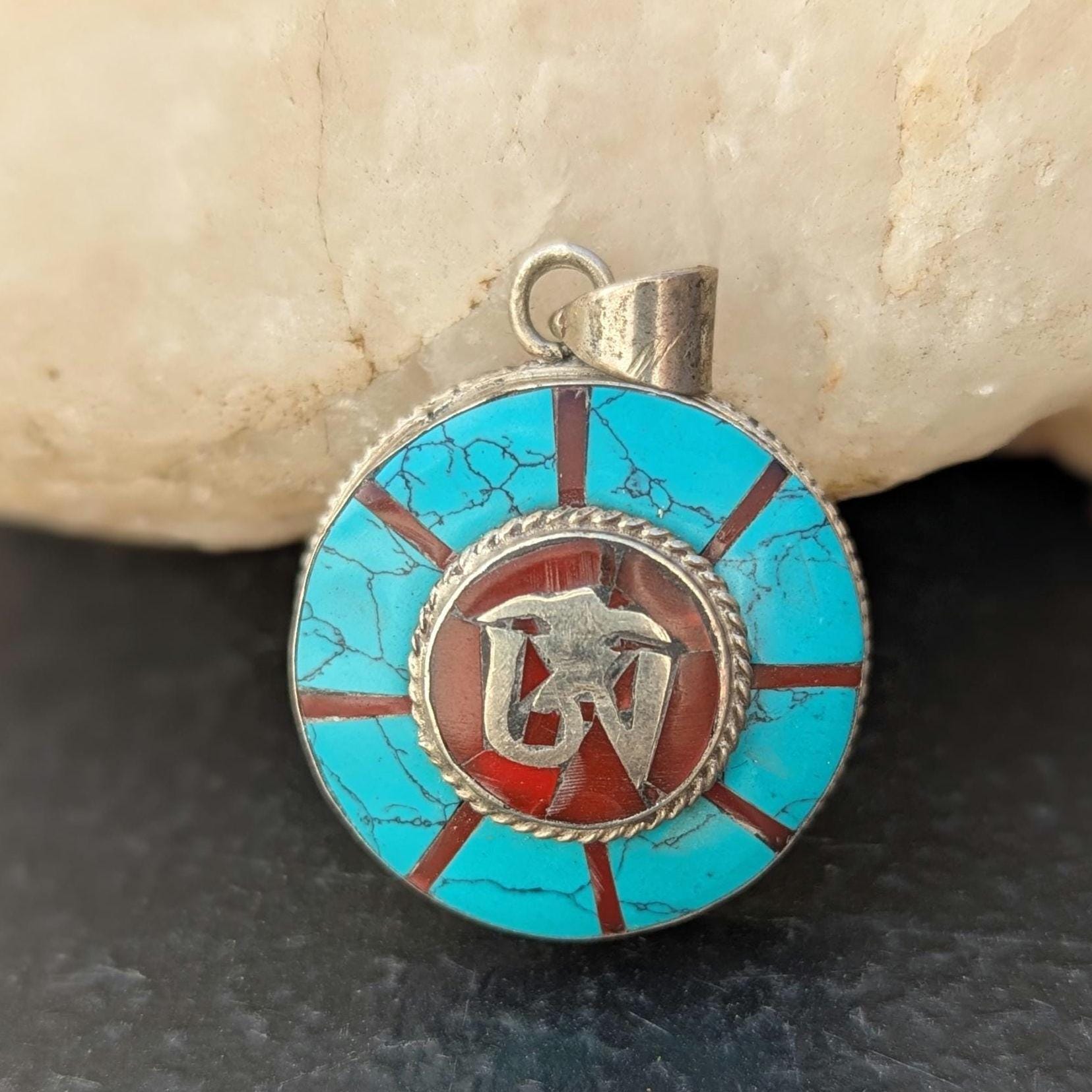 Vintage Turquoise & Coral Silver Pendant: Om Mani Padme Hum Medallion