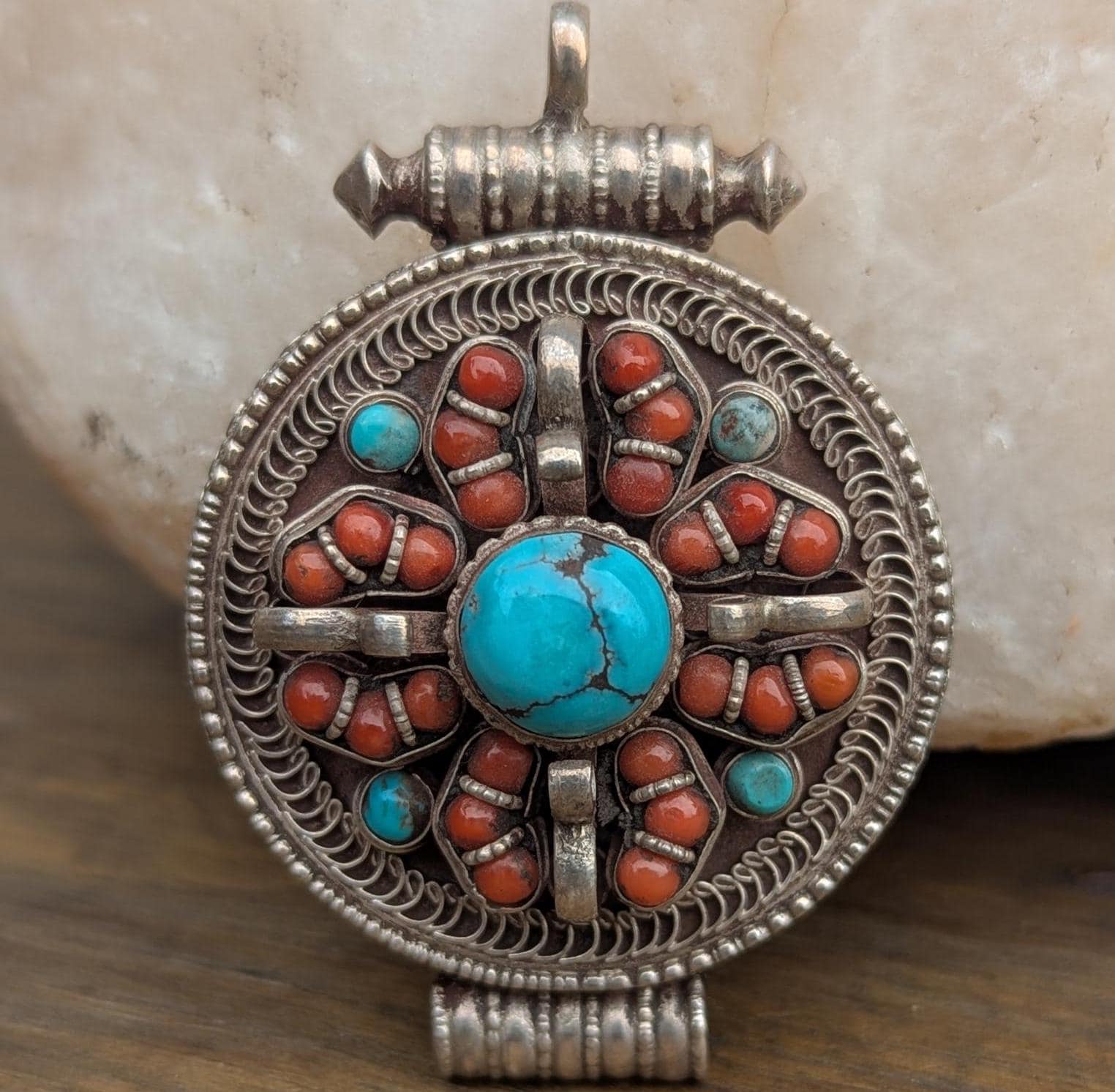 Vintage sterling silver Tibetan medallion pendant collection with Turquoise and Red coral gemstone (p7-013)