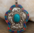 Unique white brass Tibetan medallion pendant collection with Turquoise gemstone (p7-014)