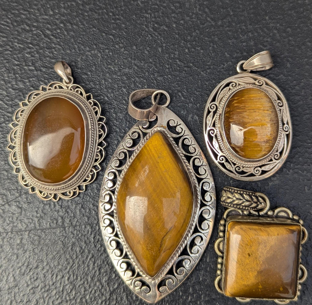 Vintage Ethnic sterling silver with Tiger's eye gemstone pendant collection (p7-017)