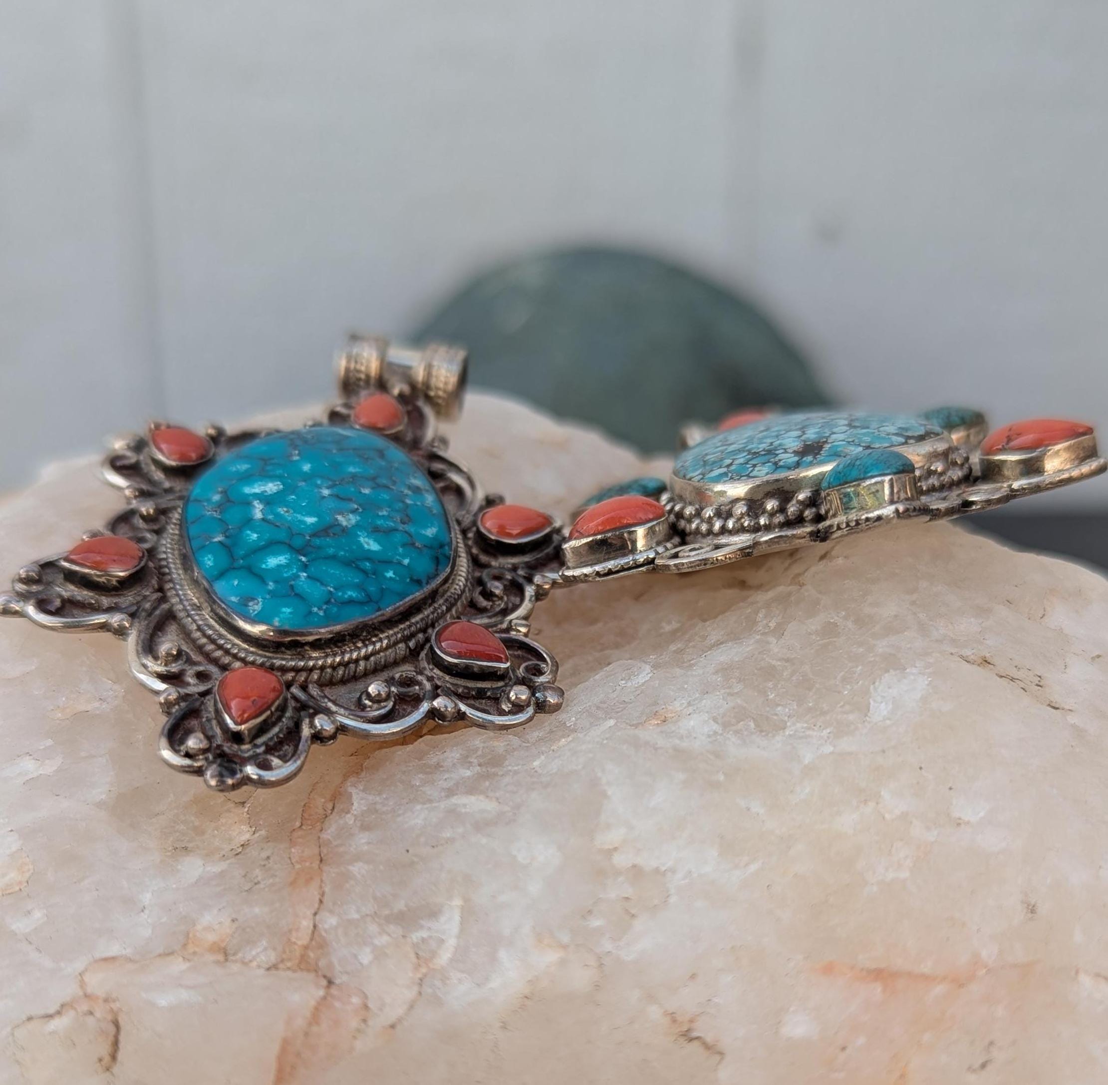 Sterling silver Tibetan medallion pendant collection with Turquoise and Red coral gemstone (p7-019)