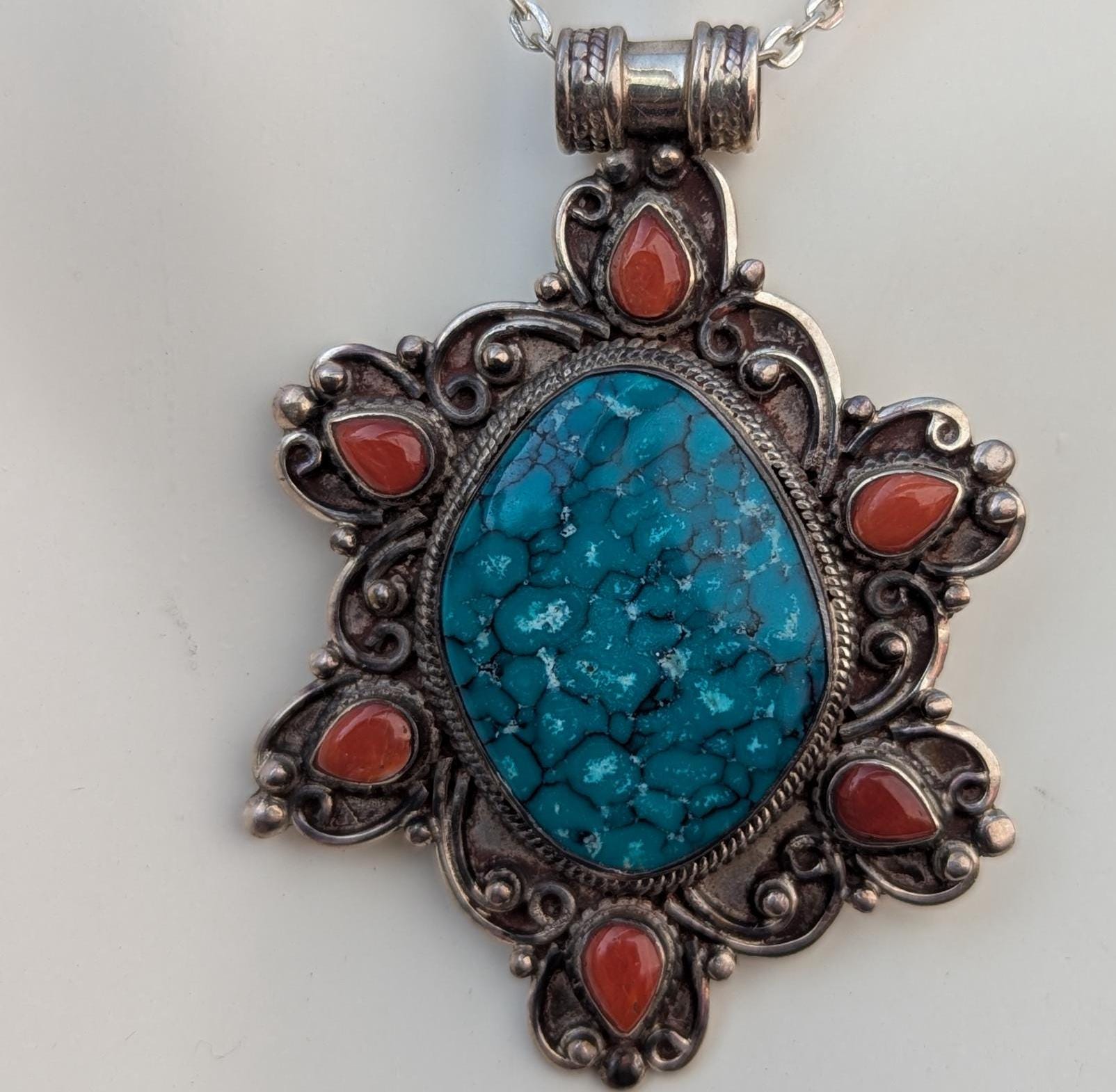 Sterling silver Tibetan medallion pendant collection with Turquoise and Red coral gemstone (p7-019)
