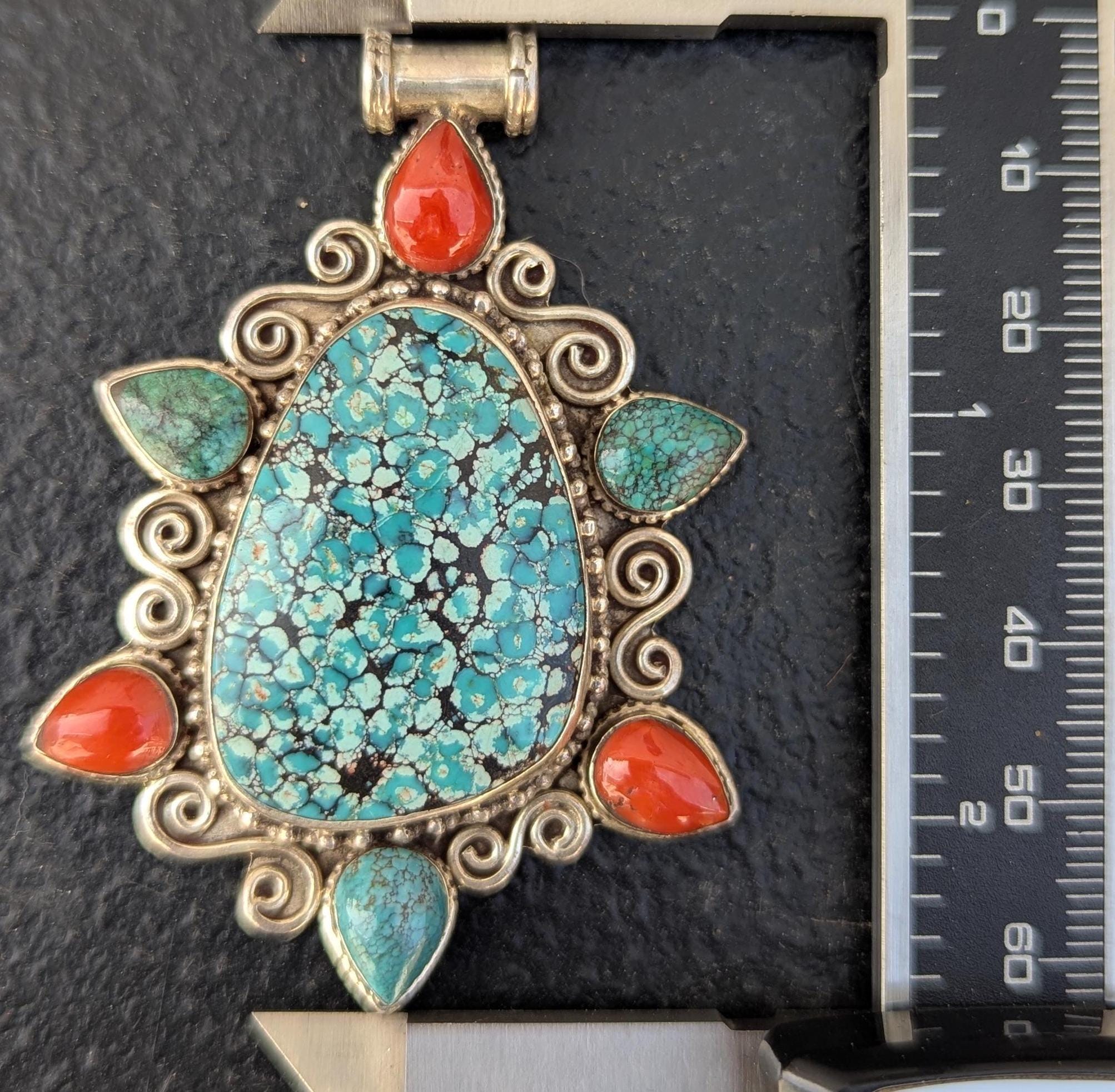 Sterling silver Tibetan medallion pendant collection with Turquoise and Red coral gemstone (p7-019)