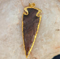 Knapped Stone dark brown Jasper Gold-trimmed Arrowhead pendant (p7-020)