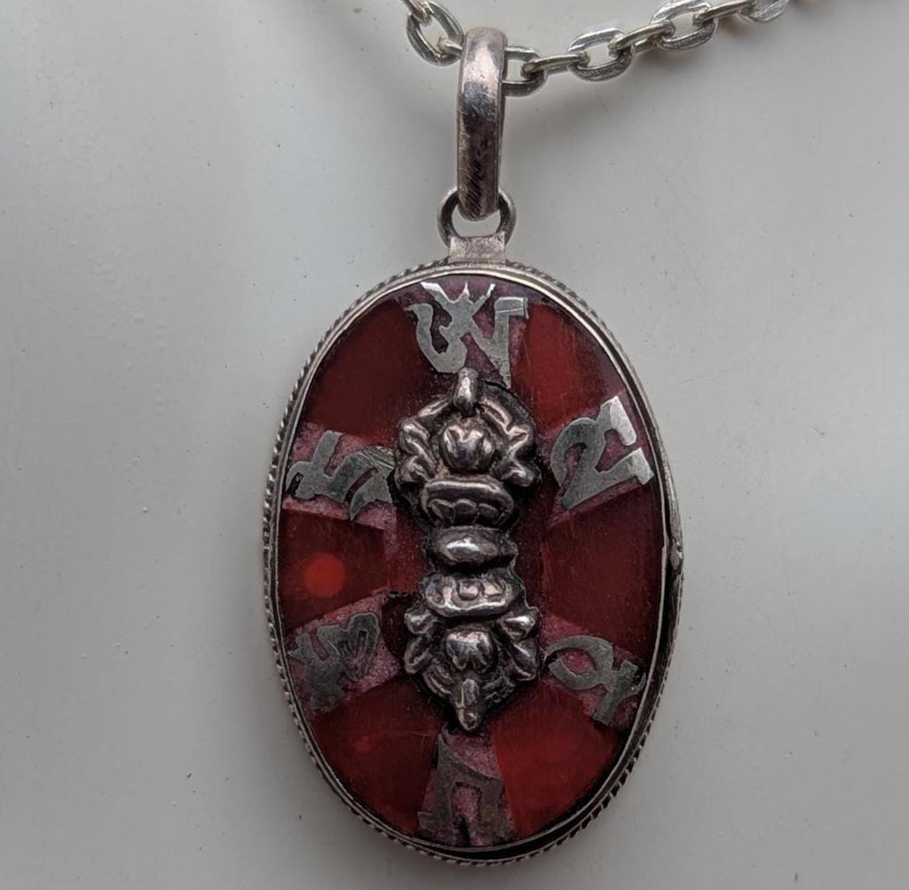 Handmade Sterling Silver Om Mani Padme Hum Pendant: Turquoise, Lapis, Coral