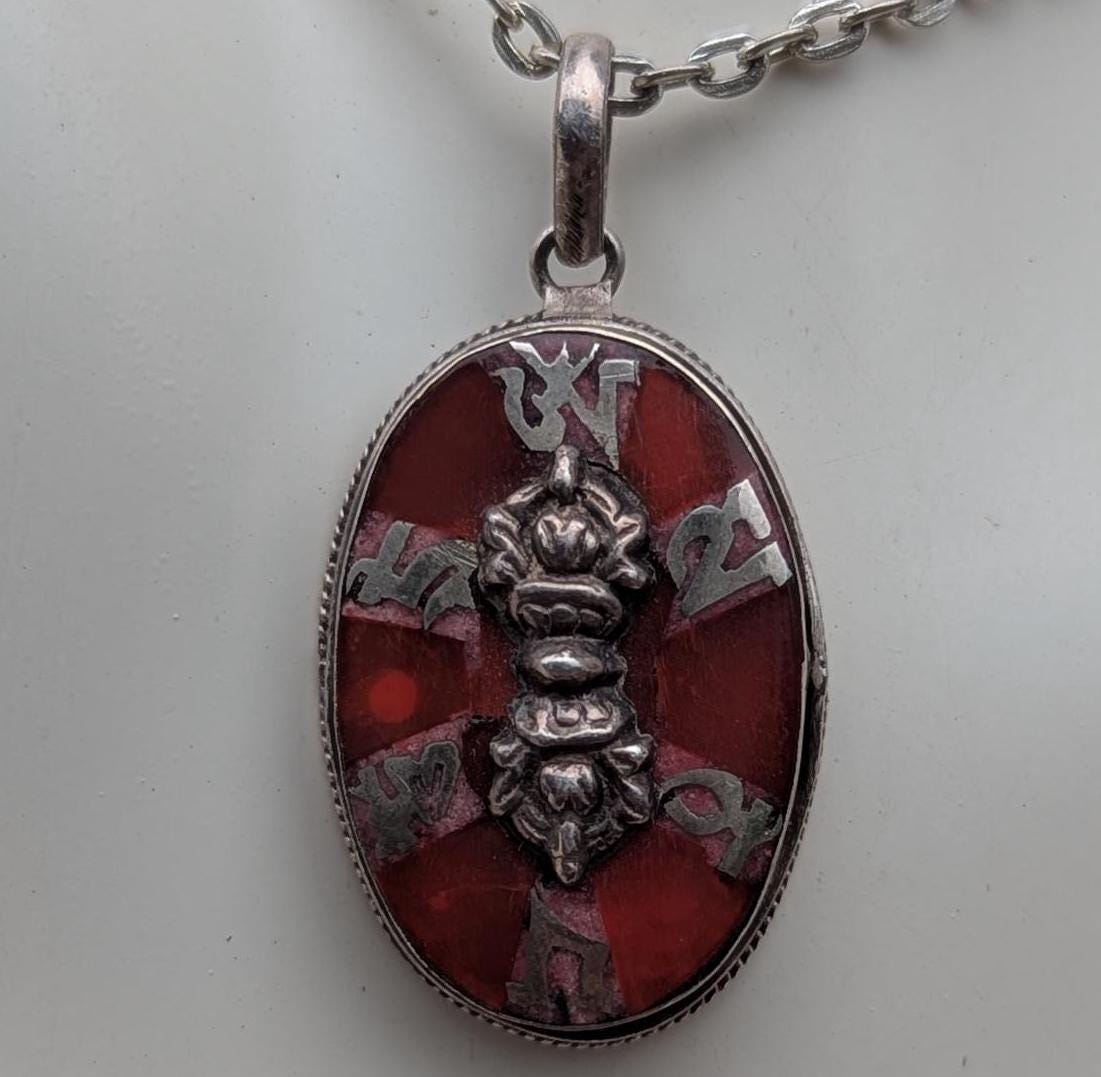 Handmade Sterling Silver Om Mani Padme Hum Pendant: Turquoise, Lapis, Coral