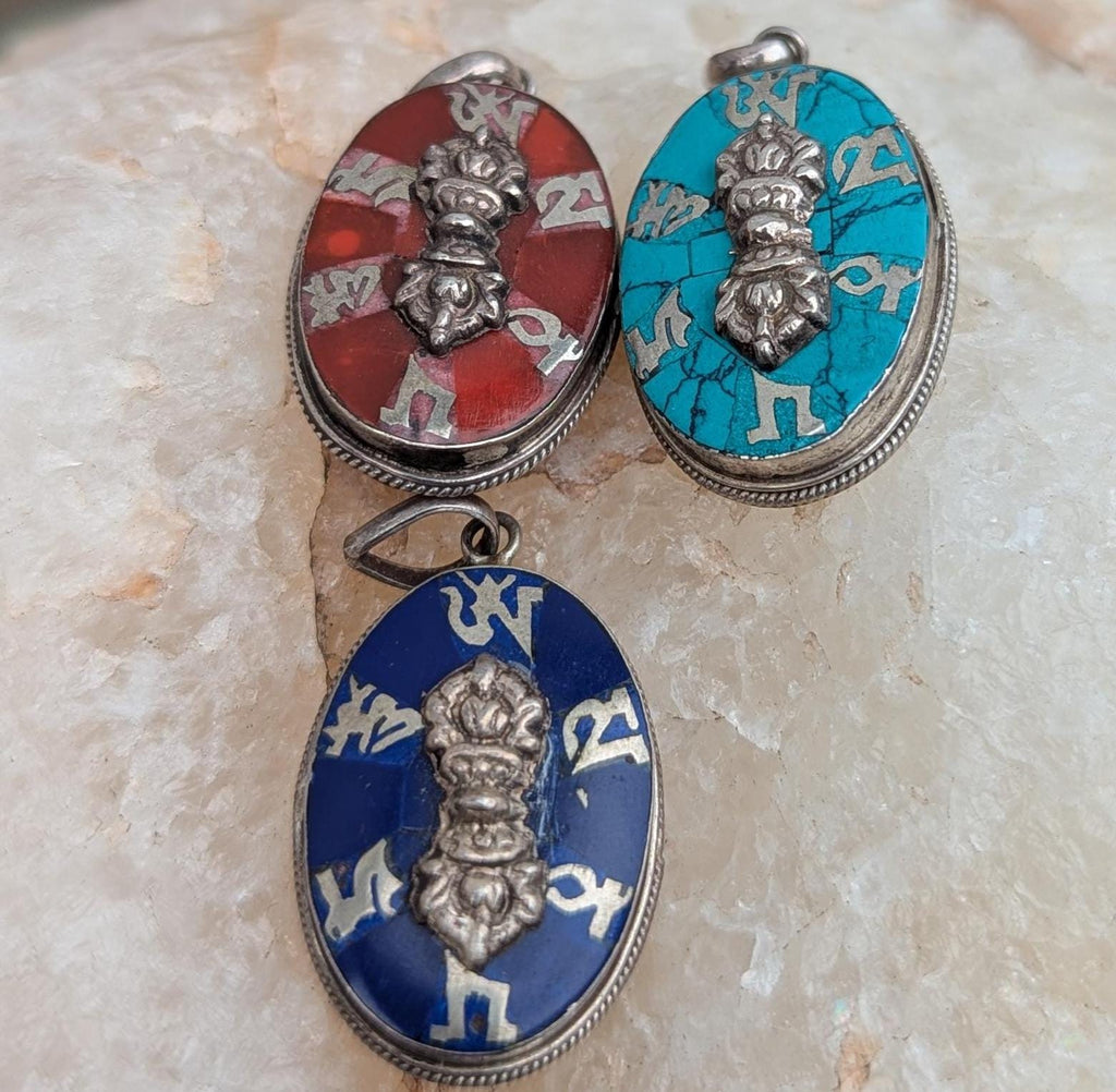 Handmade Sterling Silver Om Mani Padme Hum Pendant: Turquoise, Lapis, Coral
